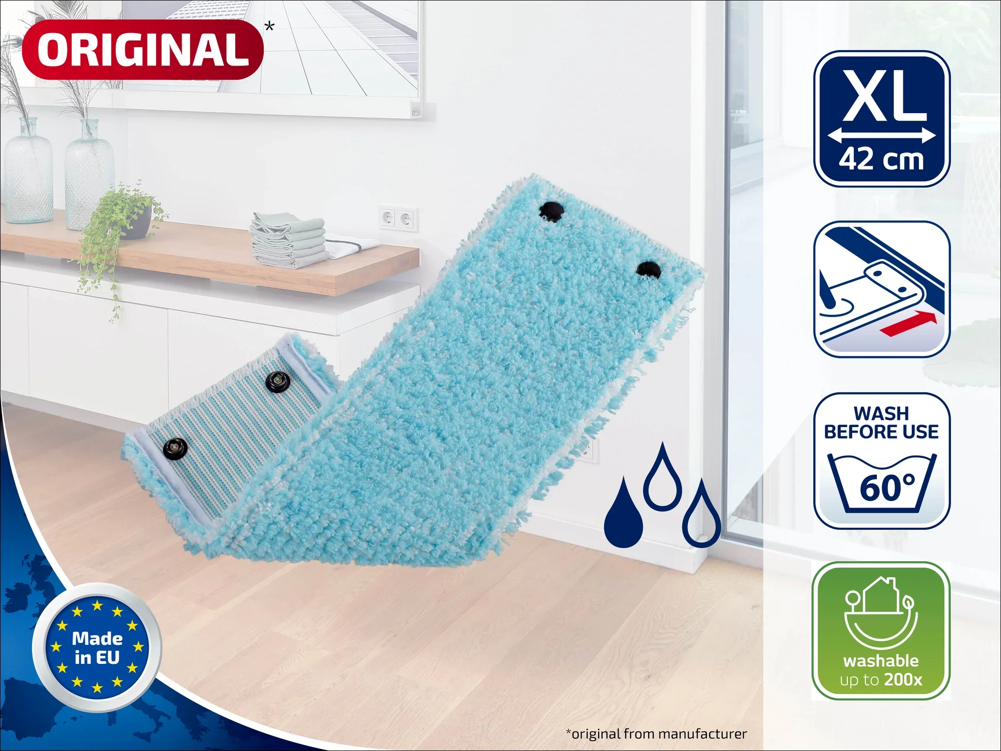 Una mopa azul XL con un ancho de 42 cm, adecuada para limpiar suelos. Lavable hasta 200 veces a 60 grados. Fabricada en la UE, ideal para una limpieza eficaz.