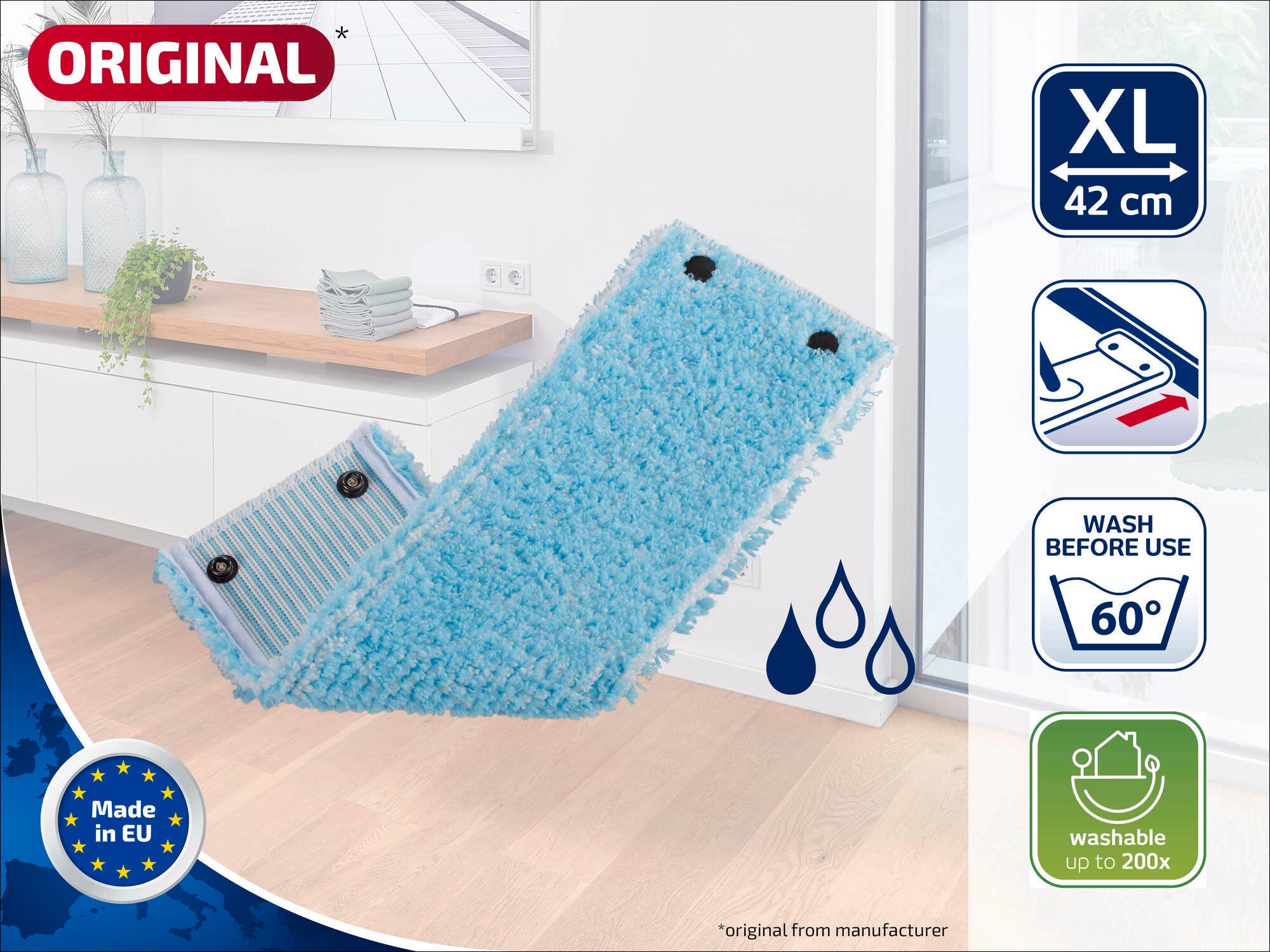 Ein blauer XL-Wischmopp mit einer Breite von 42 cm, geeignet für die Reinigung von Böden. Waschbar bis zu 200 Mal bei 60 Grad. Hergestellt in der EU, ideal für effiziente Sauberkeit.