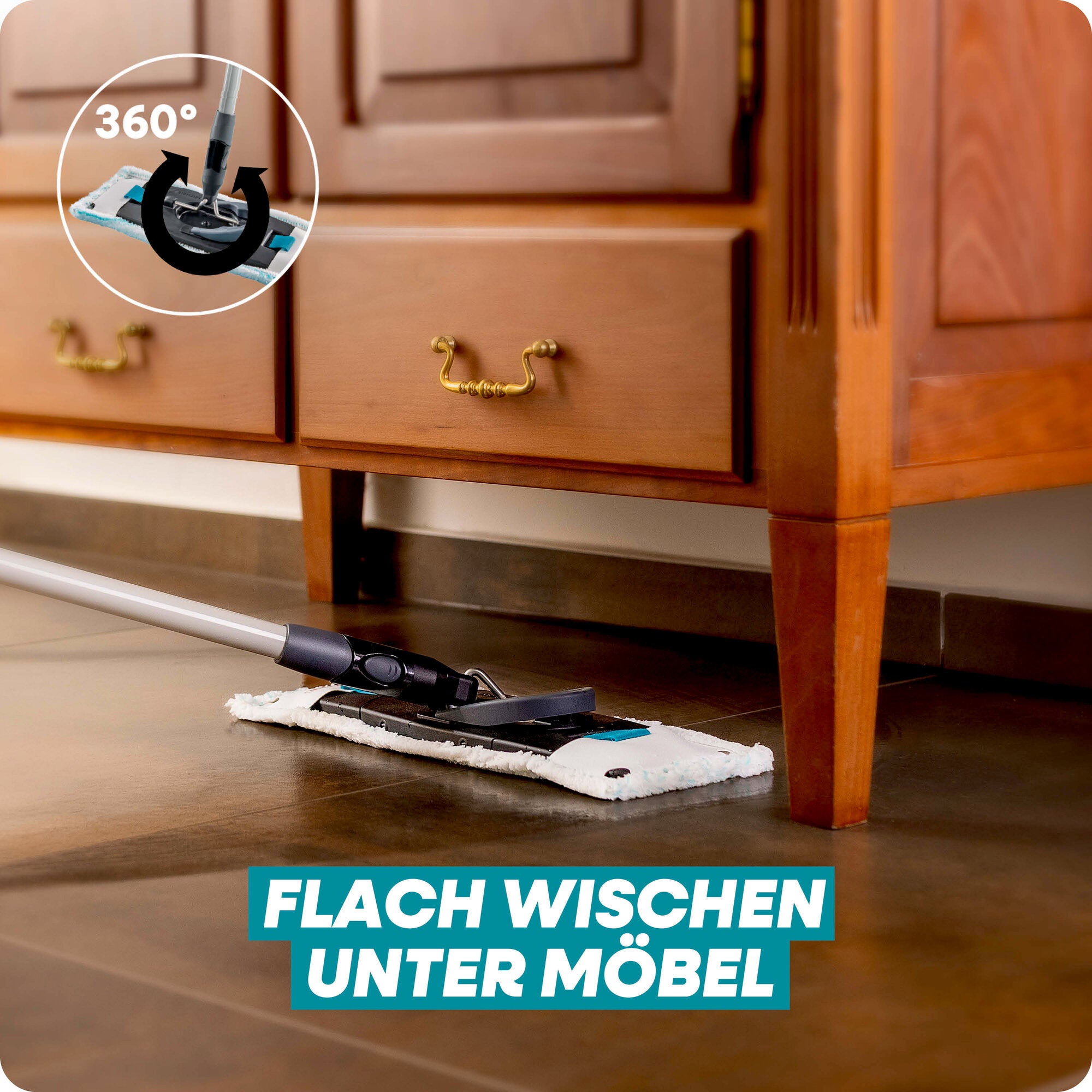 Leifheit Set CLEAN TWIST M Black Flachwischer wischt dank 360°-Gelenk mühelos unter niedrigen Möbeln und Schränken; flacher Bezug für gründliche, komfortable Bodenreinigung.