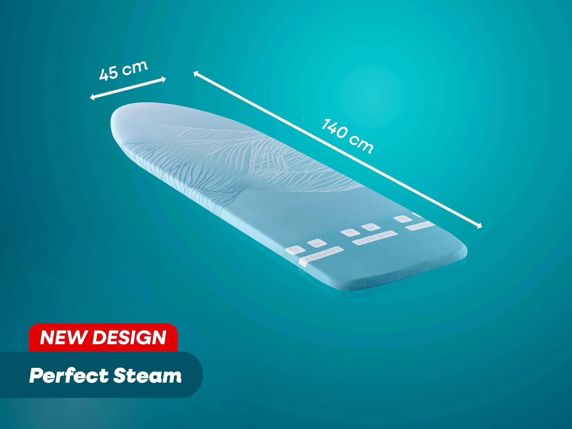 Bügeltischbezug Perfect Steam von Leifheit in neuem Design. Der Bezug misst 140 cm in der Länge und 45 cm in der Breite. Ideal für effizientes Bügeln.