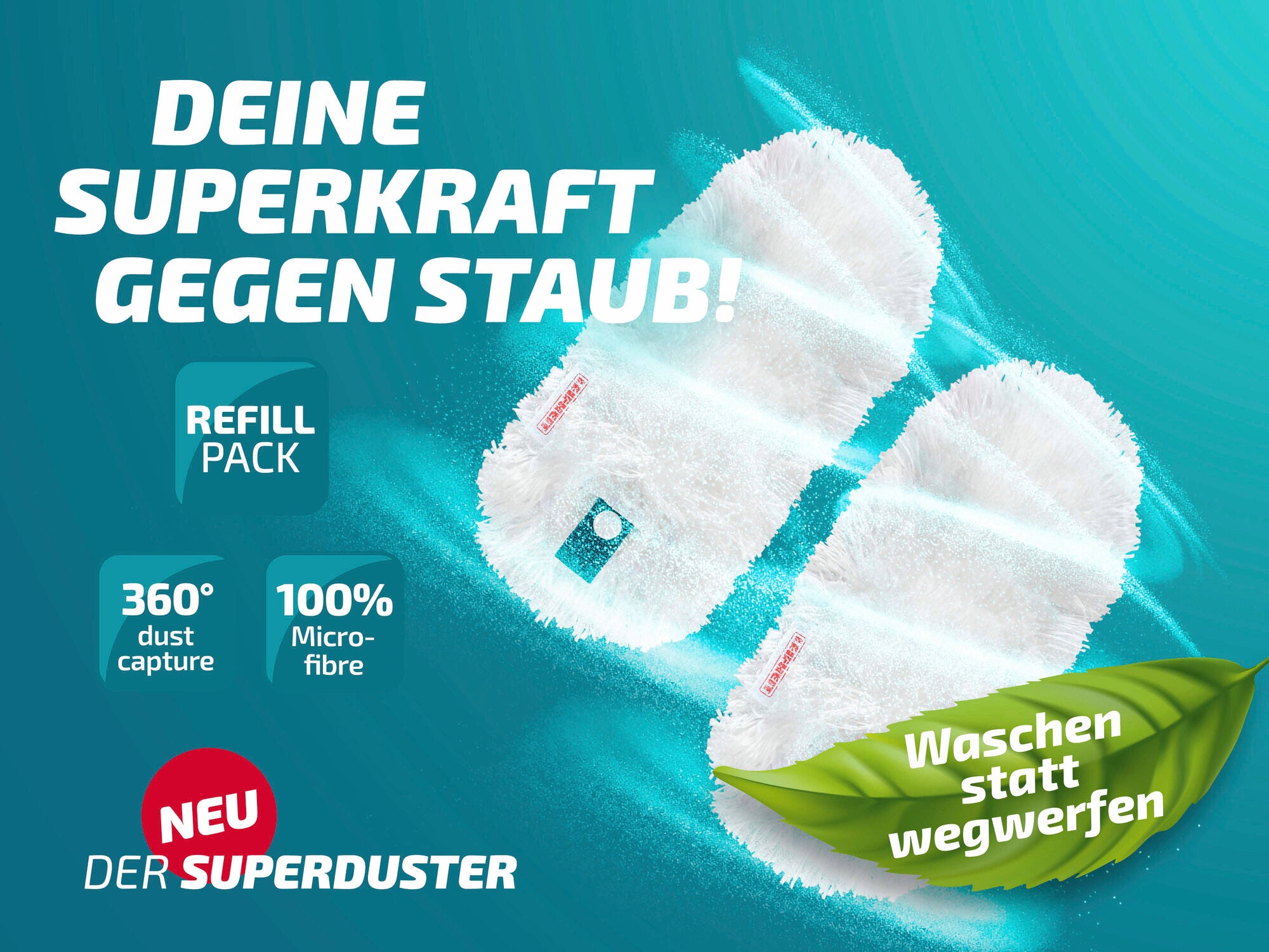 Der Leifheit Superduster Staubbezug im 2er-Pack bietet 360° Staubaufnahme und besteht aus 100% Mikrofaser. Der Bezug ist waschbar, was Abfall reduziert. Ideal für effiziente Reinigung.