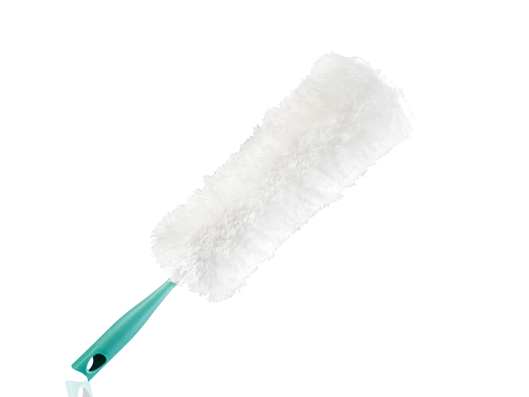 Een witte plumeau met turquoise steel, ideaal om stof te verwijderen op moeilijk bereikbare plaatsen. Perfect voor het schoonmaken van meubels en planken.