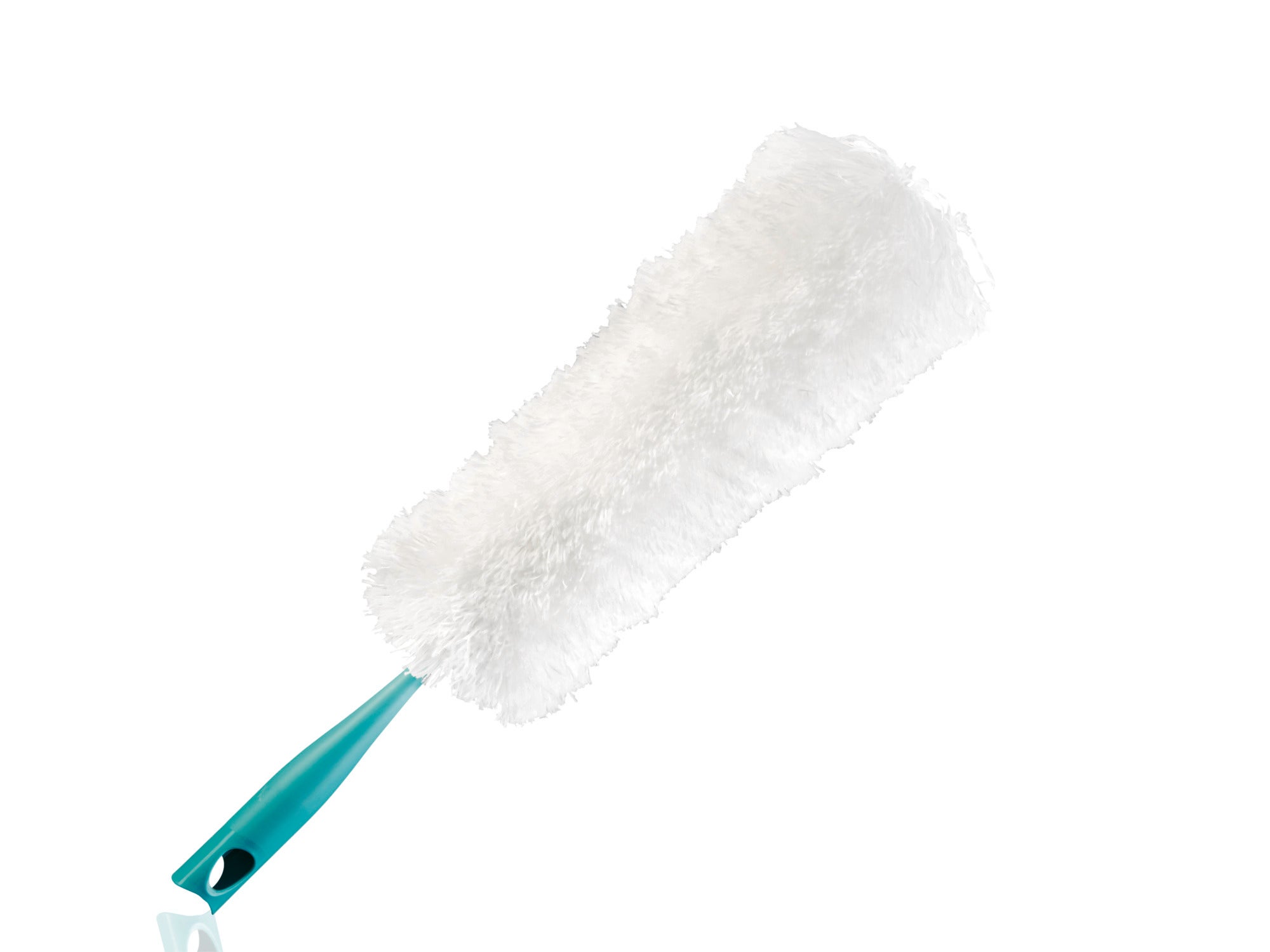 Un plumeau blanc avec un manche turquoise, idéal pour dépoussiérer les endroits difficiles d'accès. Parfait pour nettoyer les meubles et les étagères.