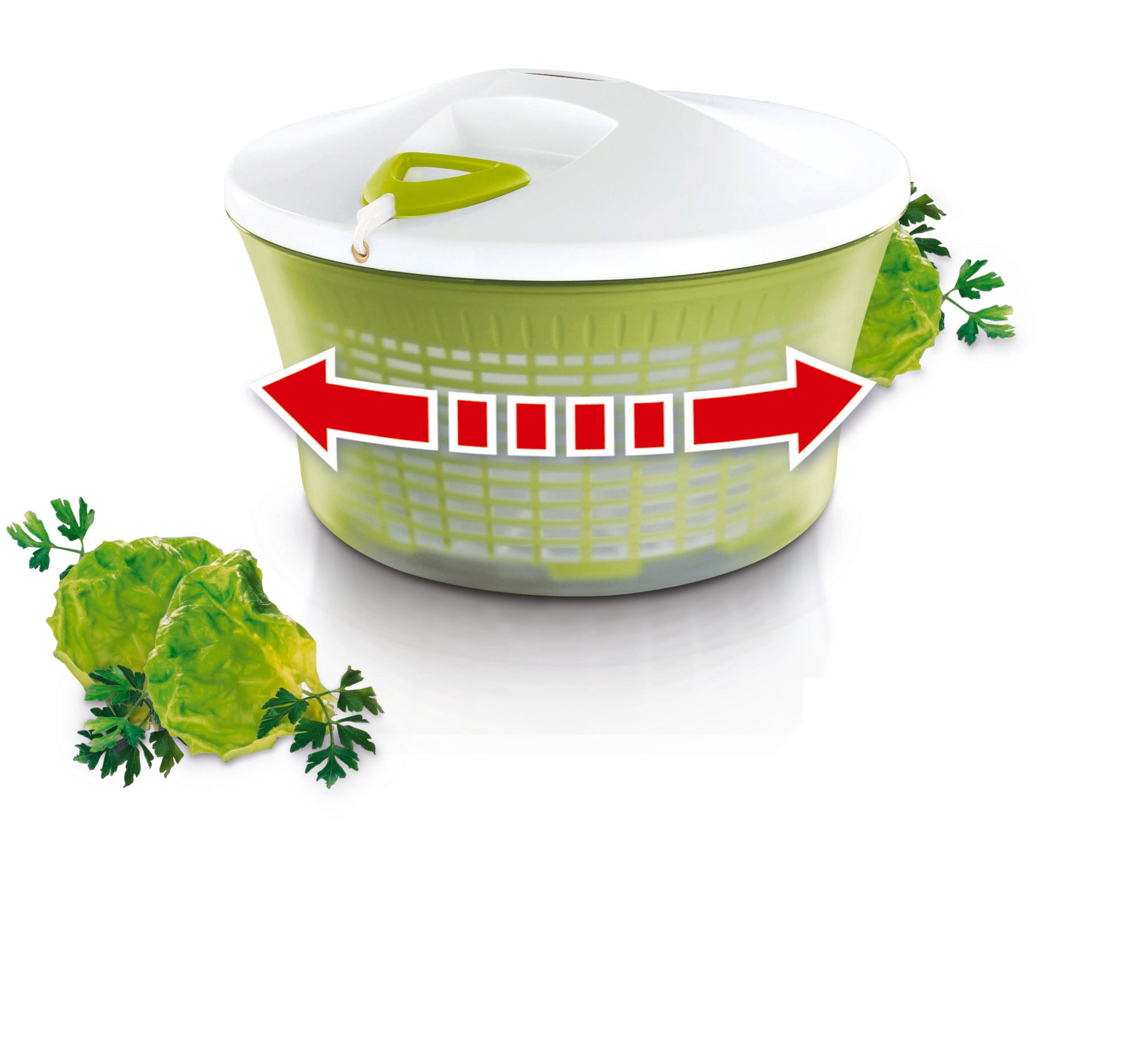 Salatschleuder mit einem Fassungsvermögen von 5,5 Litern. Das Bild zeigt die Schleuder in Aktion, umgeben von frischem Salat und Kräutern. Ideal zum schnellen Trocknen von Salat.