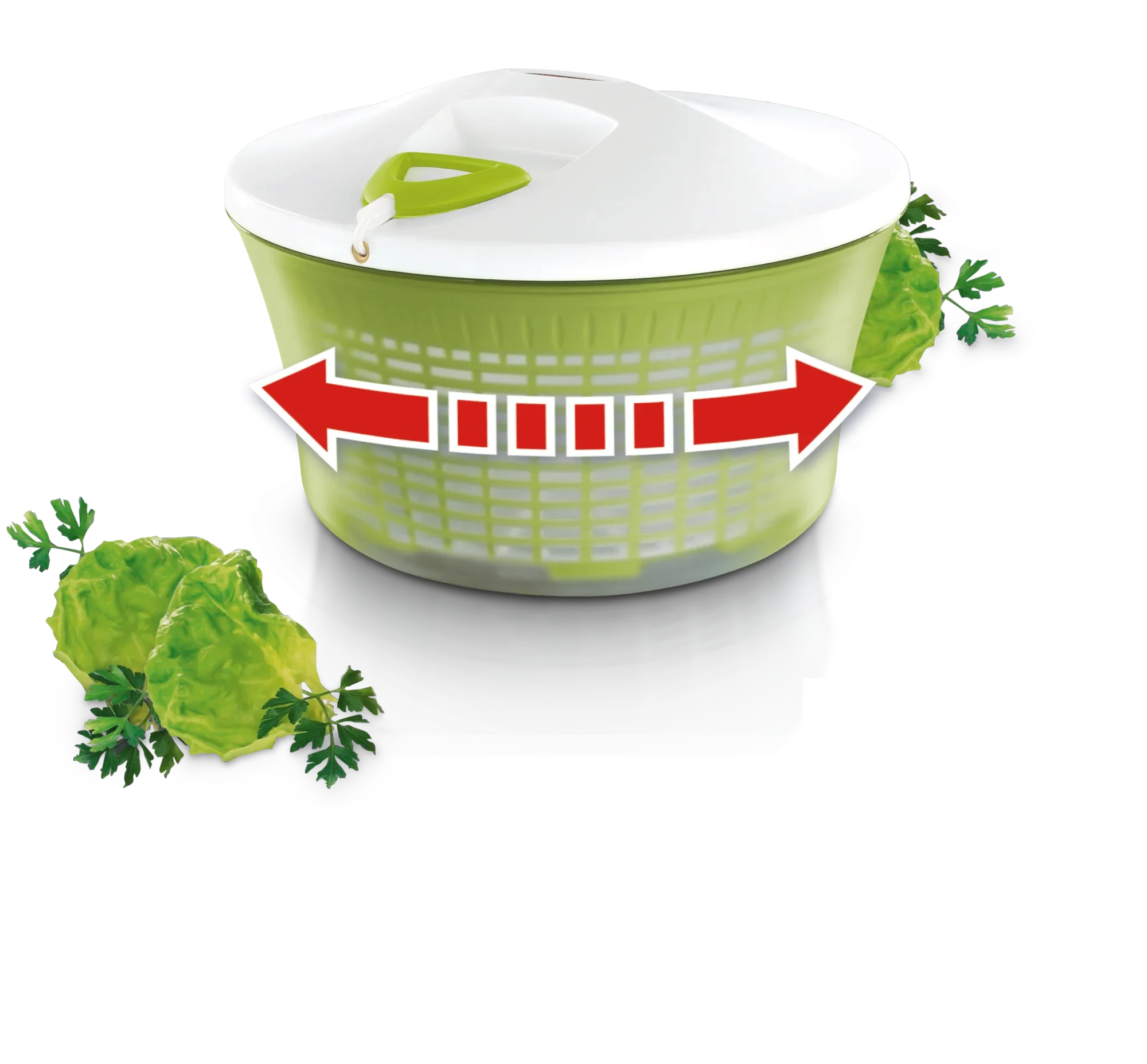 Wirówka do sałaty o pojemności 5,5 litra. Zdjęcie przedstawia wirówkę w akcji, otoczoną świeżą sałatą i ziołami. Idealna do szybkiego suszenia sałaty.