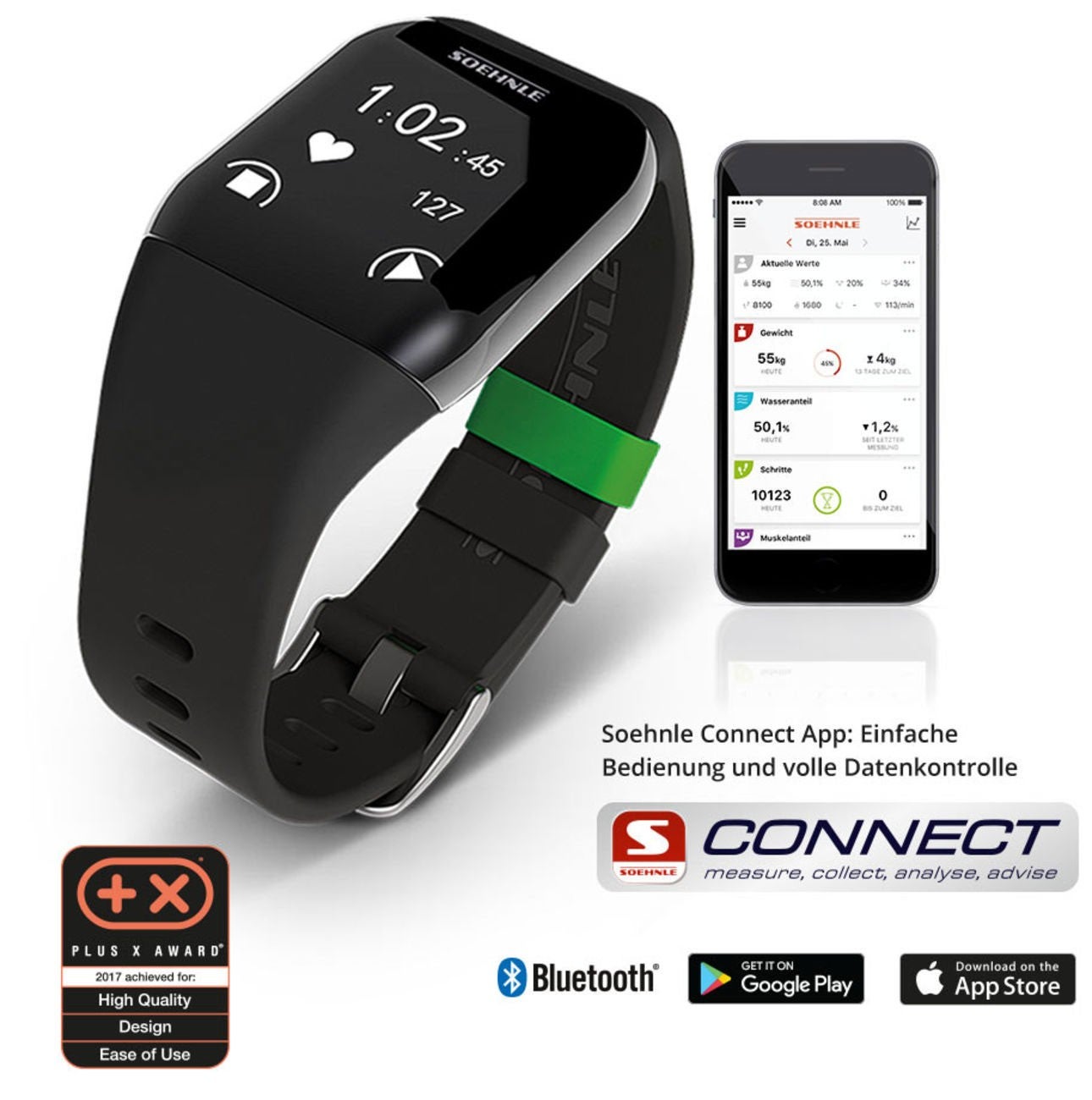 Schwarze Smartwatch mit gruenem Akzent zeigt Zeit und Herzschlag neben Smartphone-App mit Gesundheitsdaten und Bluetooth-Symbolen.