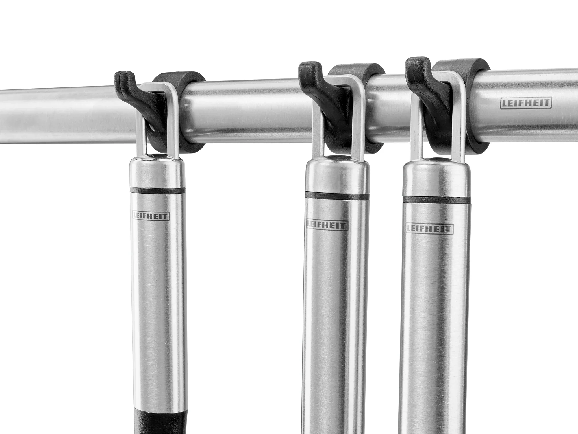 Leifheit haakrek met vier stevige haken bevestigd aan een metalen stang. Ideaal voor het ophangen van keukengerei, robuust en functioneel ontwerp.