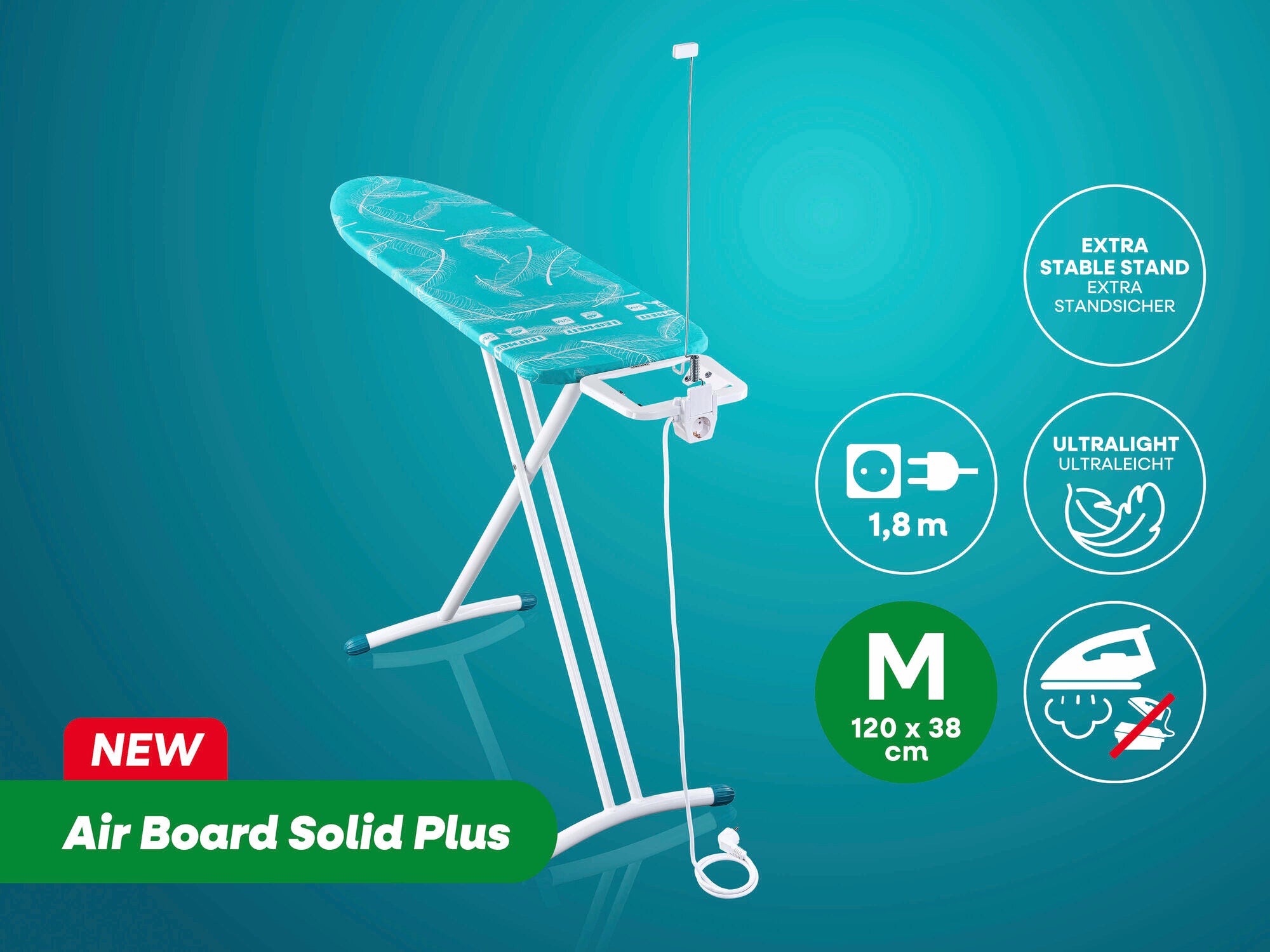 Bügeltisch Air Board Solid Plus von Leifheit in der Größe M, 120 x 38 cm. Der Tisch bietet einen extra stabilen Stand, ist ultraleicht und hat eine Kabellänge von 1,8 m.