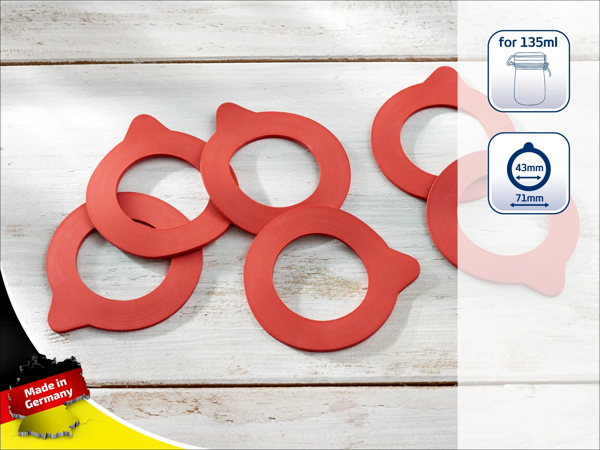 Czerwone gumowe uszczelki do słoików konserwowych, odpowiednie do słoików o pojemności 135 ml. Wyprodukowano w Niemczech. Średnica: 43 mm wewnątrz, 71 mm na zewnątrz. Idealne do bezpiecznego zamykania.