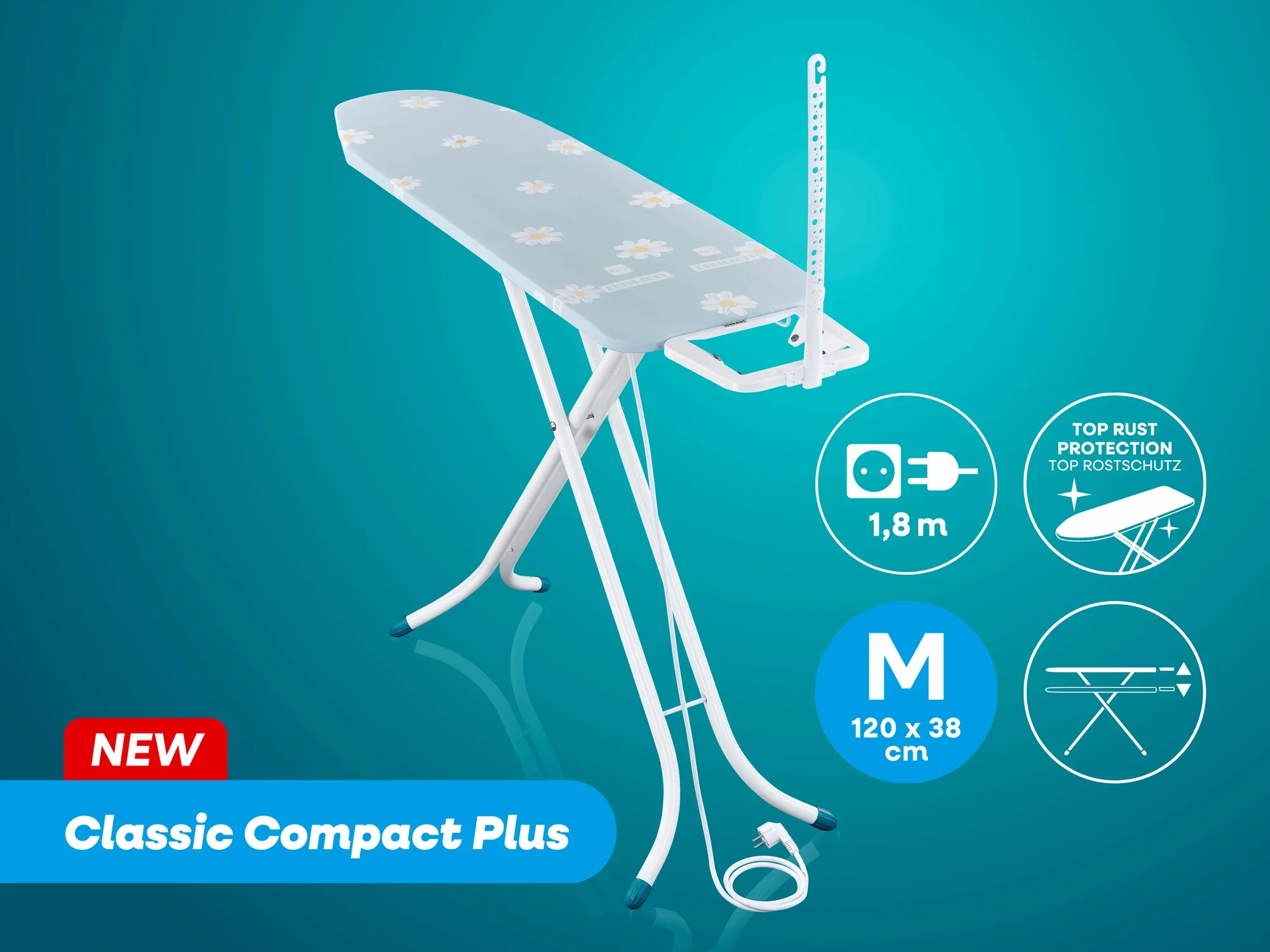 Bügeltisch Classic Compact Plus von Leifheit in der Größe M, 120 x 38 cm. Ausgestattet mit Top-Rostschutz und einer Kabellänge von 1,8 m. Ideal für effizientes Bügeln.