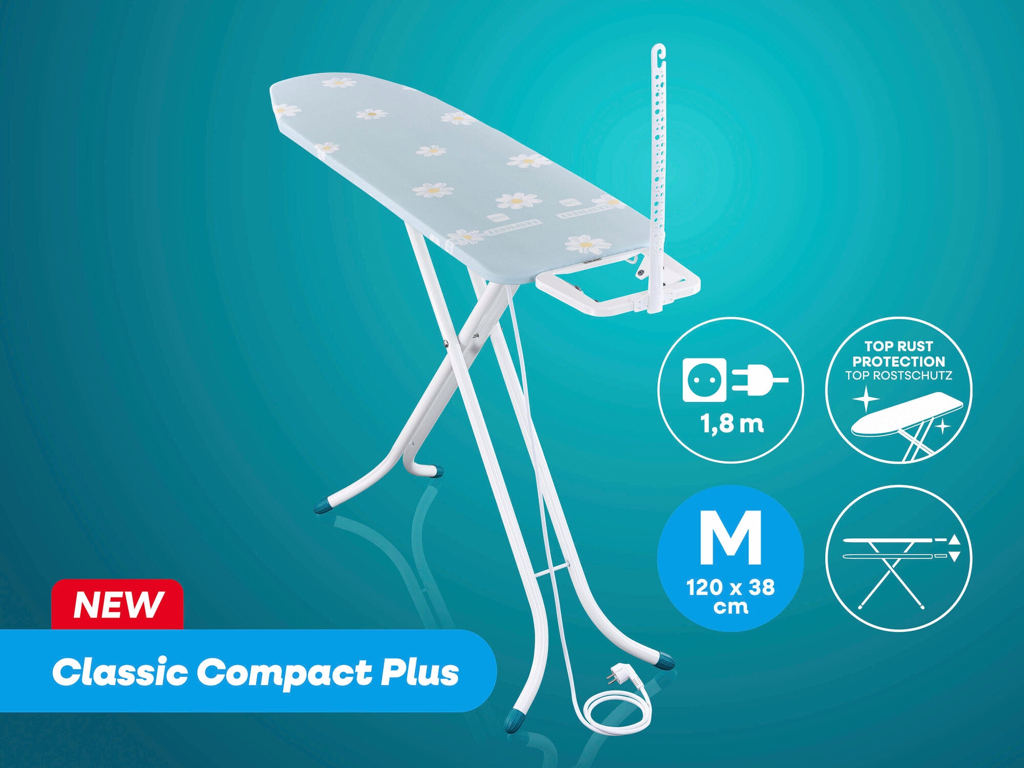 Bügeltisch Classic Compact Plus von Leifheit in der Größe M, 120 x 38 cm. Ausgestattet mit Top-Rostschutz und einer Kabellänge von 1,8 m. Ideal für effizientes Bügeln.