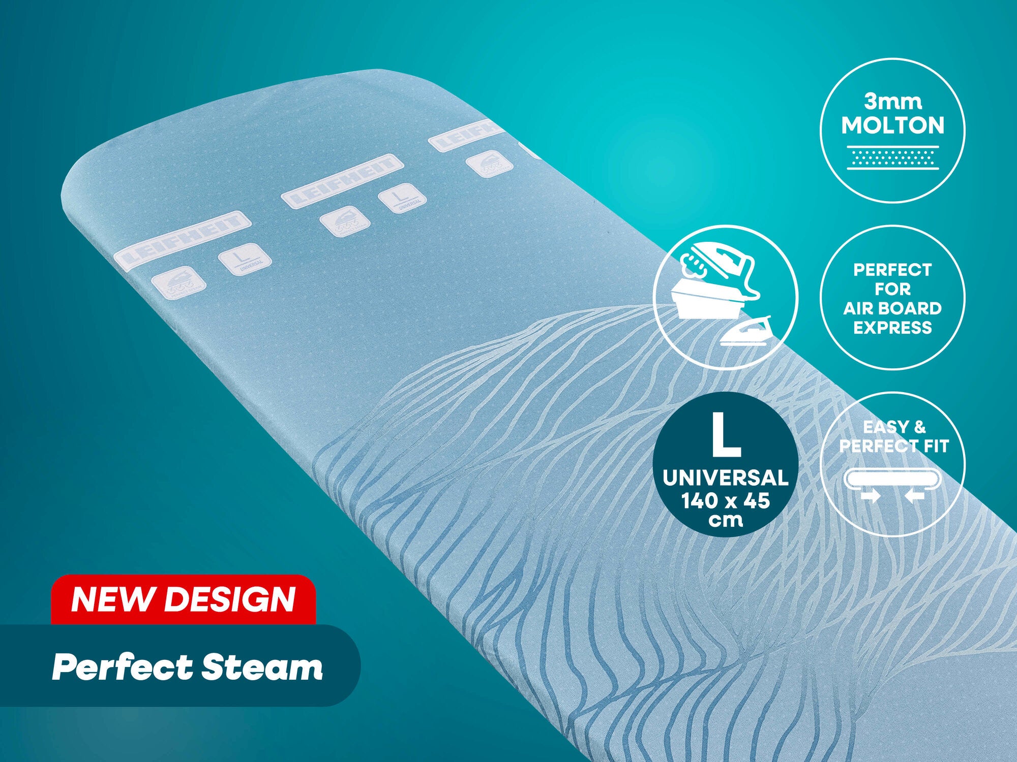 Leifheit Bügeltischbezug Perfect Steam im neuen Design, hellblau mit feinem Wellenmuster, für Dampfbügeln geeignet. Universalgröße L 140 x 45 cm, mit 3 mm Molton und Easy Fit.