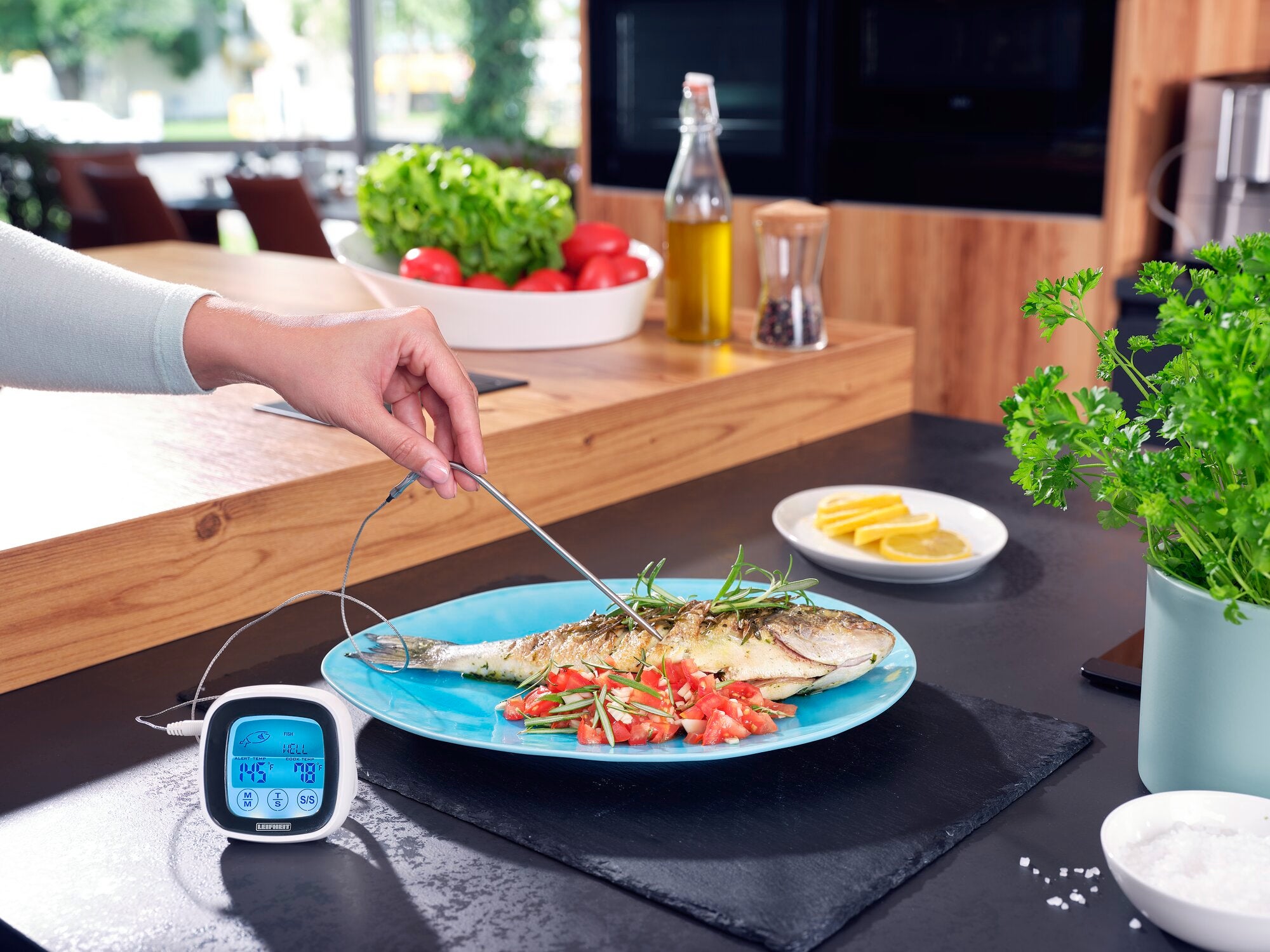 Ein Braten- und BBQ-Thermometer wird verwendet, um die Temperatur eines gebratenen Fisches auf einem Teller zu messen. Im Hintergrund sind frische Zutaten wie Tomaten und Kräuter zu sehen.