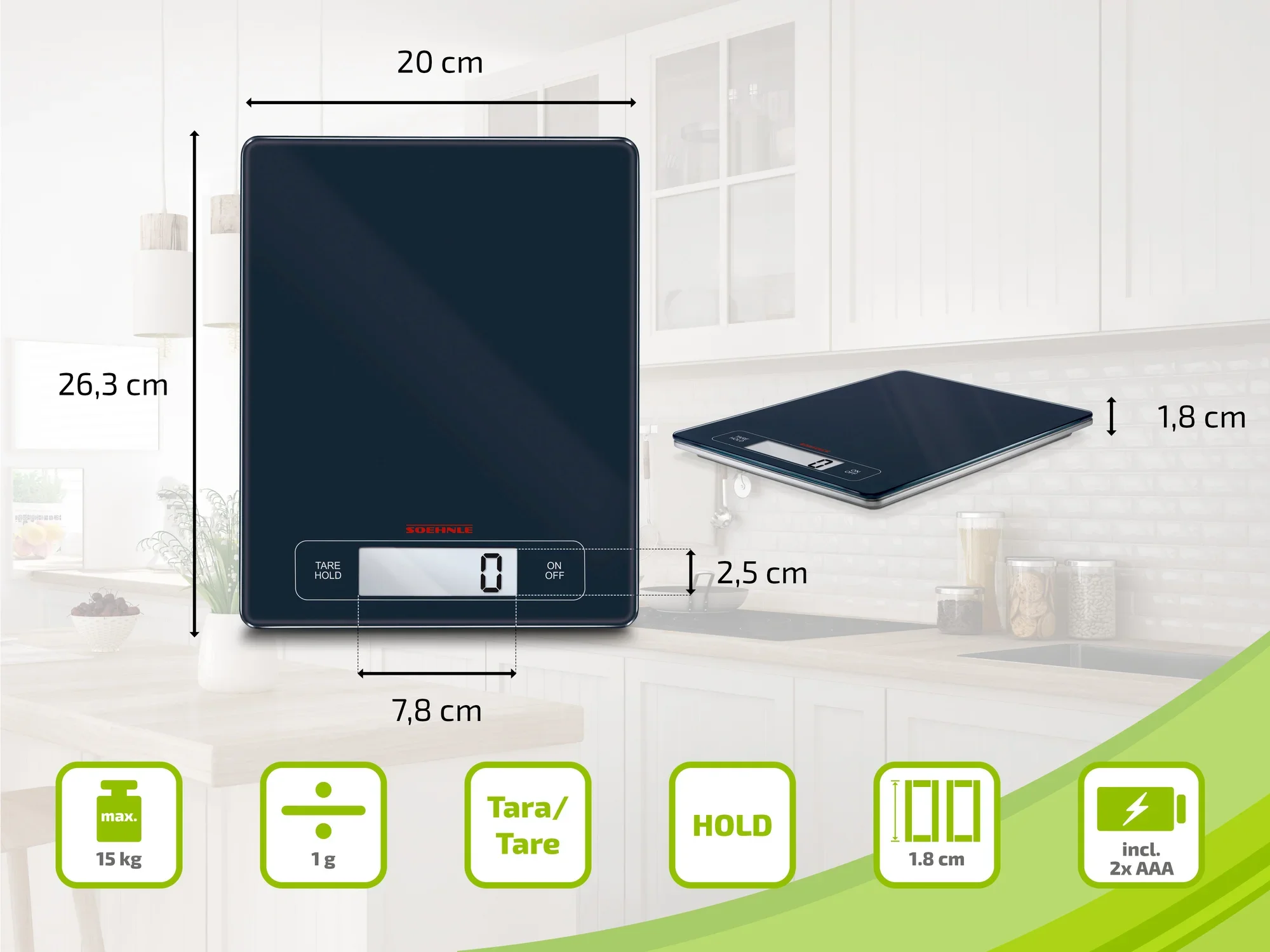 Digitale keukenweegschaal Soehnle Page Compact 300 met zwart oppervlak. Afmetingen: 20 x 26,3 x 1,8 cm. Maximale laadcapaciteit 15 kg, tarrafunctie, inclusief 2 AAA-batterijen.