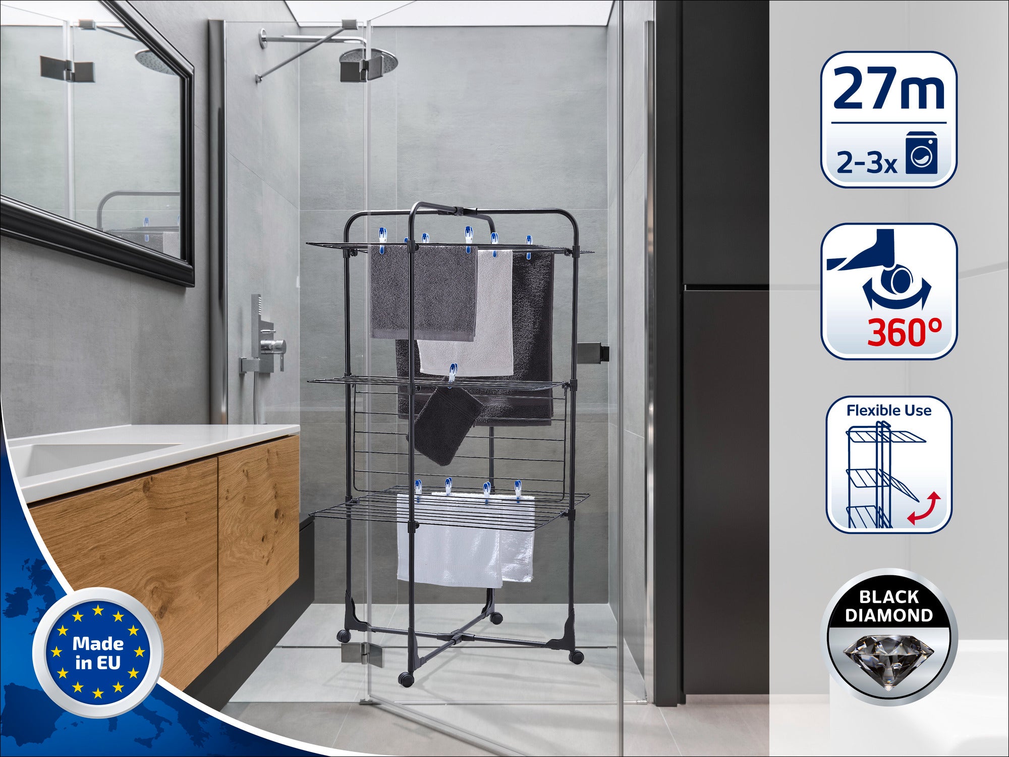 A tower dryer stands in a modern bathroom with a glass shower. It offers 27 metres of drying length, is flexible in use and has a 360-degree rotation function. Made in the EU.