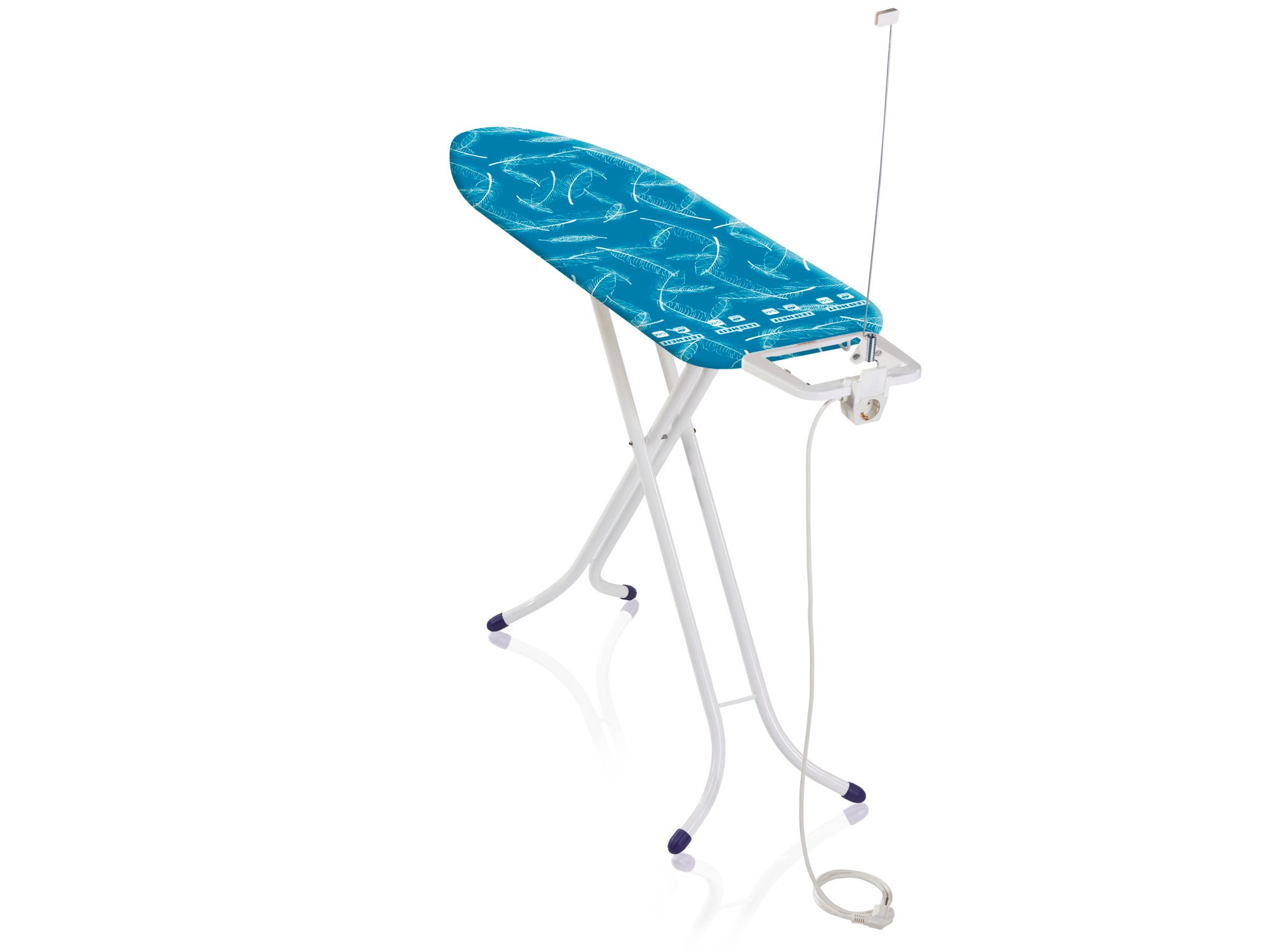 Tabla de planchar Air Board M Compact Plus en turquesa con estructura blanca. La mesa tiene un diseño moderno y está equipada con un soporte para la plancha.