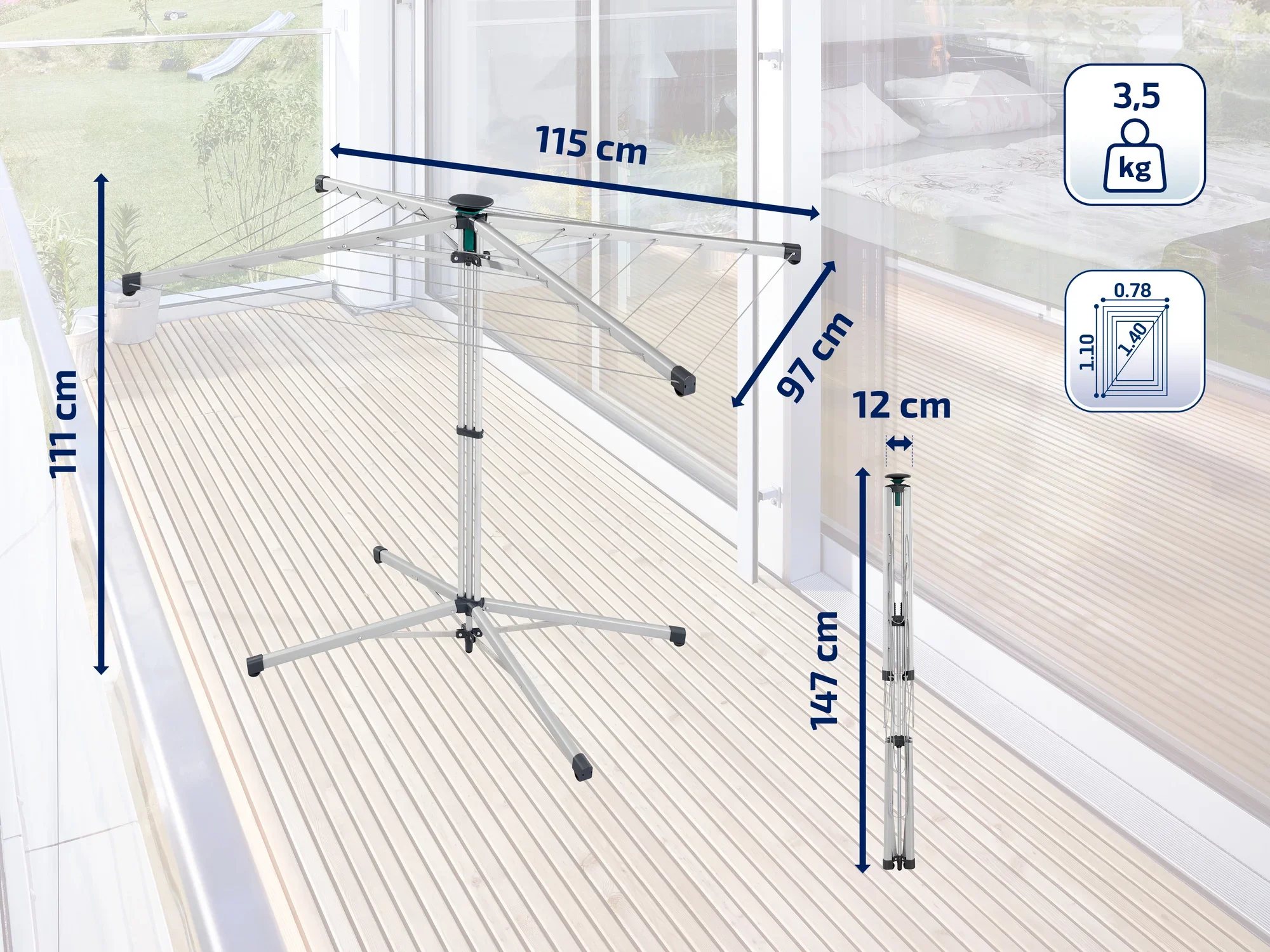 Tendedero en una terraza con unas dimensiones de 115 cm de ancho, 111 cm de alto y 97 cm de profundidad. Plegado mide 147 cm de alto y 12 cm de ancho. Peso: 3,5 kg. Ideal para espacios reducidos.