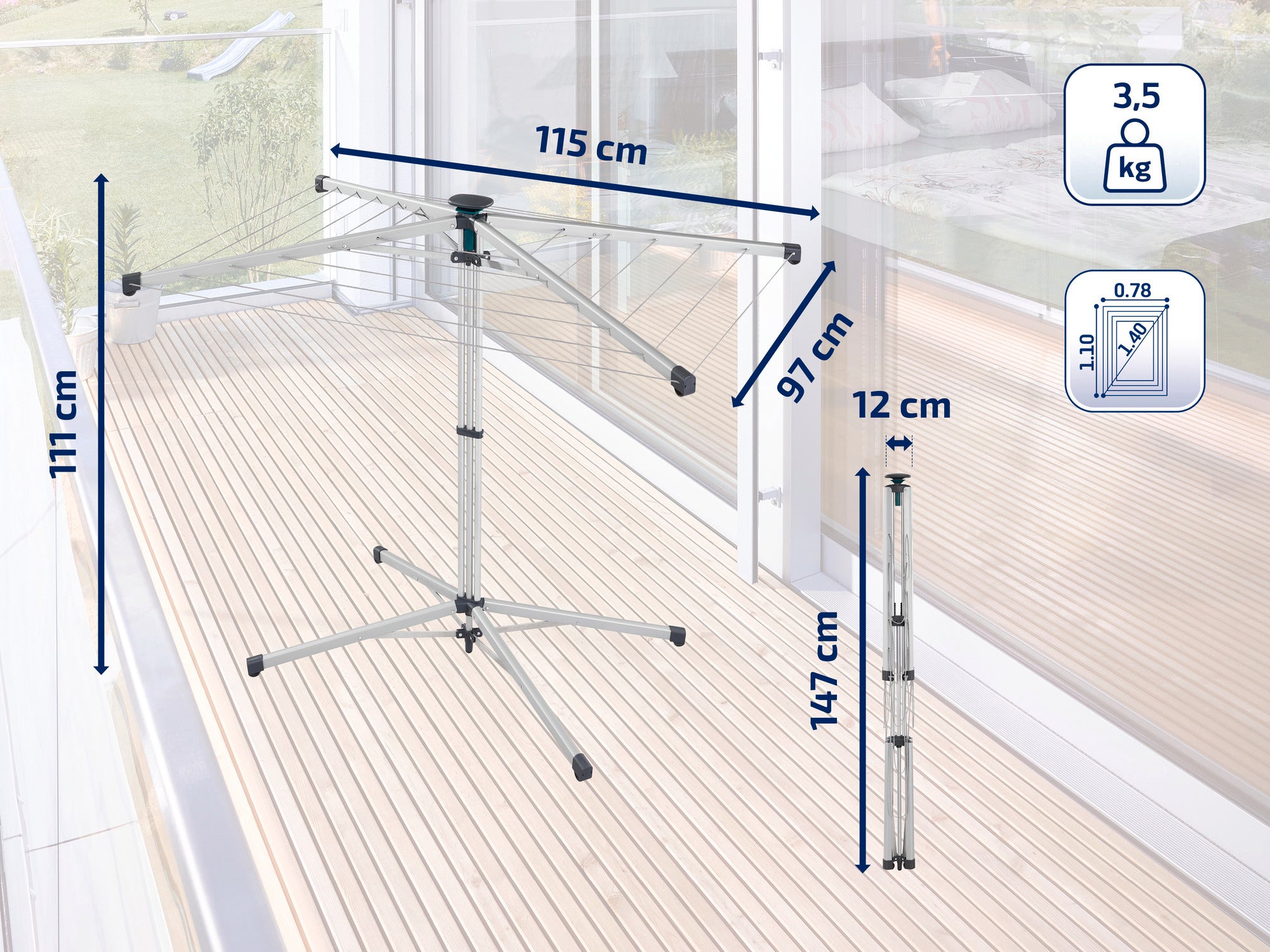 Wäschespinne auf einer Terrasse mit Maßen: 115 cm Breite, 111 cm Höhe, 97 cm Tiefe. Zusammengeklappt 147 cm hoch und 12 cm breit. Gewicht: 3,5 kg. Ideal für kleine Räume.