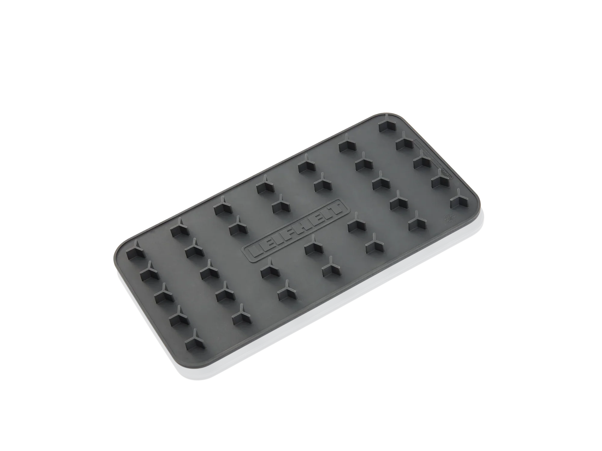 Verrijdbare strijkplank van silicone in een rechthoekige vorm. De plank is grijs en heeft een gestructureerd oppervlak dat het strijkijzer stevig vasthoudt. Ideaal voor gebruik op strijkplanken.