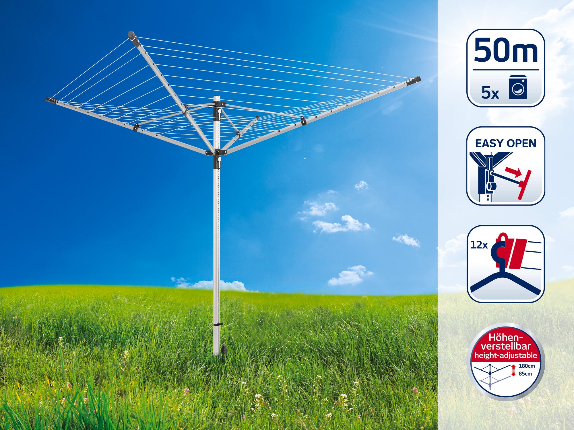 Eine Wäschespinne steht auf einer grünen Wiese unter blauem Himmel. Sie bietet 50 Meter Leinenlänge, ist höhenverstellbar und leicht zu öffnen. Ideal für bis zu 5 Waschladungen.