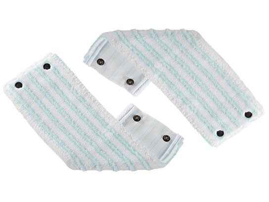 Wischbezug-Set CLEAN TWIST Combi XL micro duo: Zwei weiße Wischbezüge mit blauen Streifen und Druckknöpfen, ideal für gründliche Reinigung und einfache Befestigung.