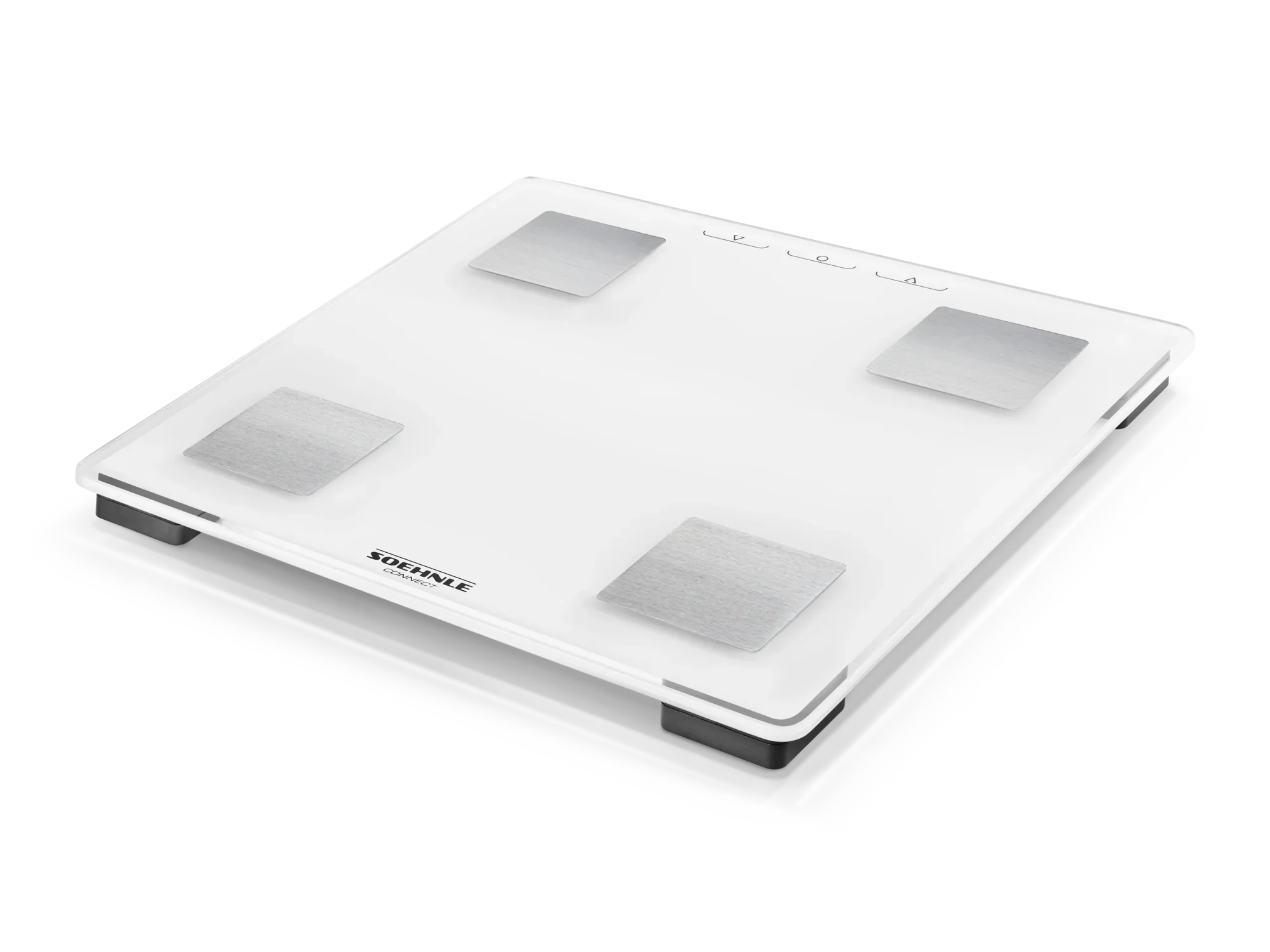 Eine digitale Personenwaage namens Shape Sense Connect Lite. Sie hat eine glatte, weiße Oberfläche mit vier silbernen Sensoren und einem klaren, modernen Design. Ideal für präzise Gewichtsmessungen.