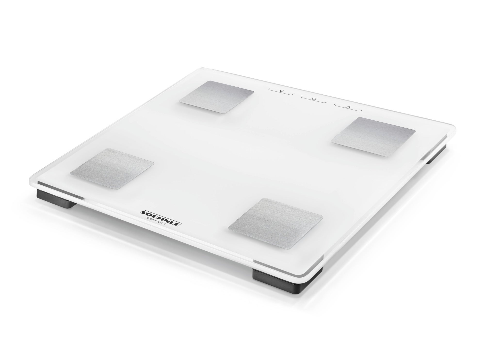 Eine digitale Personenwaage namens Shape Sense Connect Lite. Sie hat eine glatte, weiße Oberfläche mit vier silbernen Sensoren und einem klaren, modernen Design. Ideal für präzise Gewichtsmessungen.