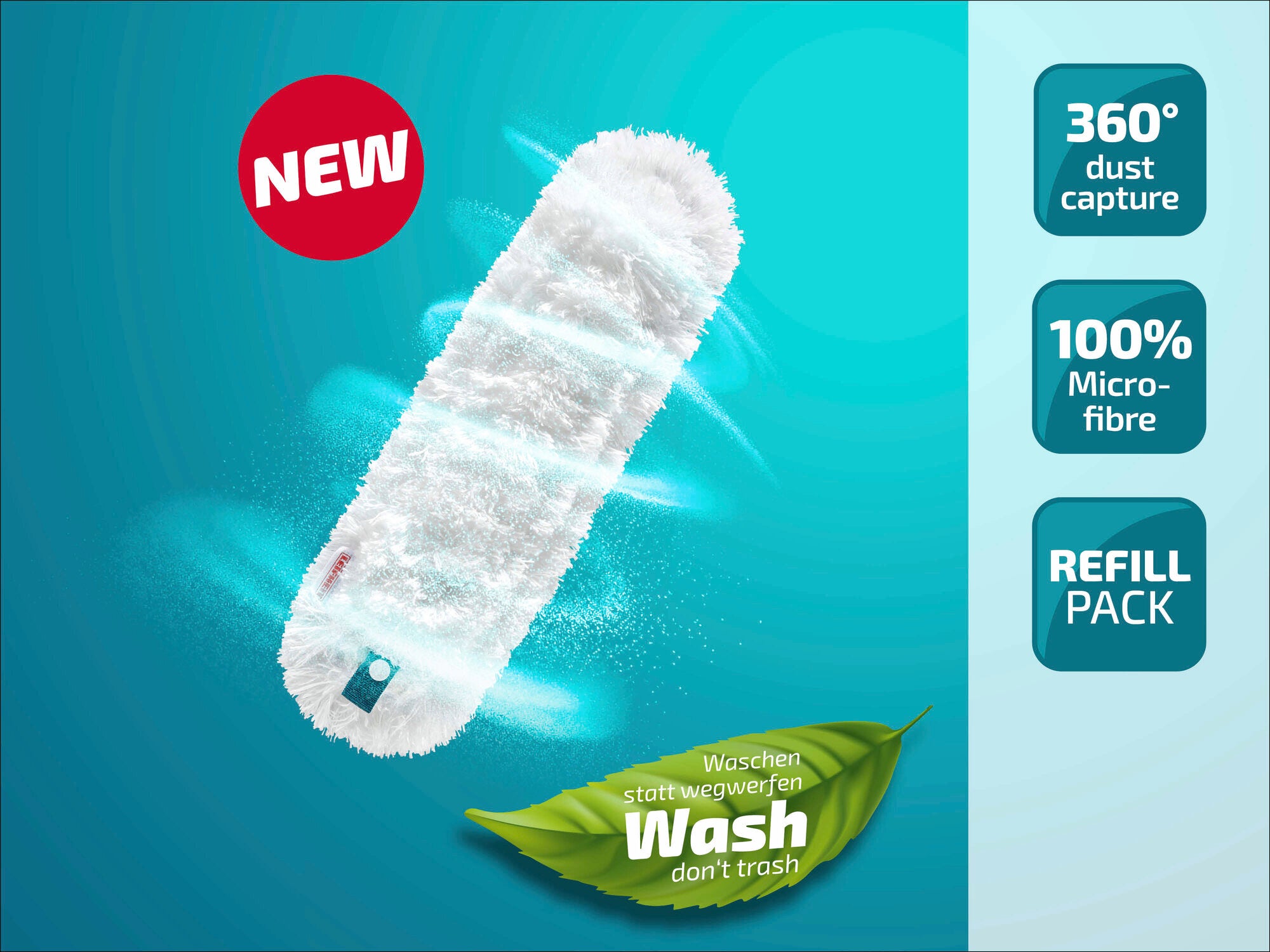 Ein Leifheit Wischmop-Aufsatz mit 360-Grad-Staubaufnahme und 100% Mikrofaser. Das Bild zeigt das neue Nachfüllpack mit einem grünen Blatt und dem Slogan „Wash don't trash“.