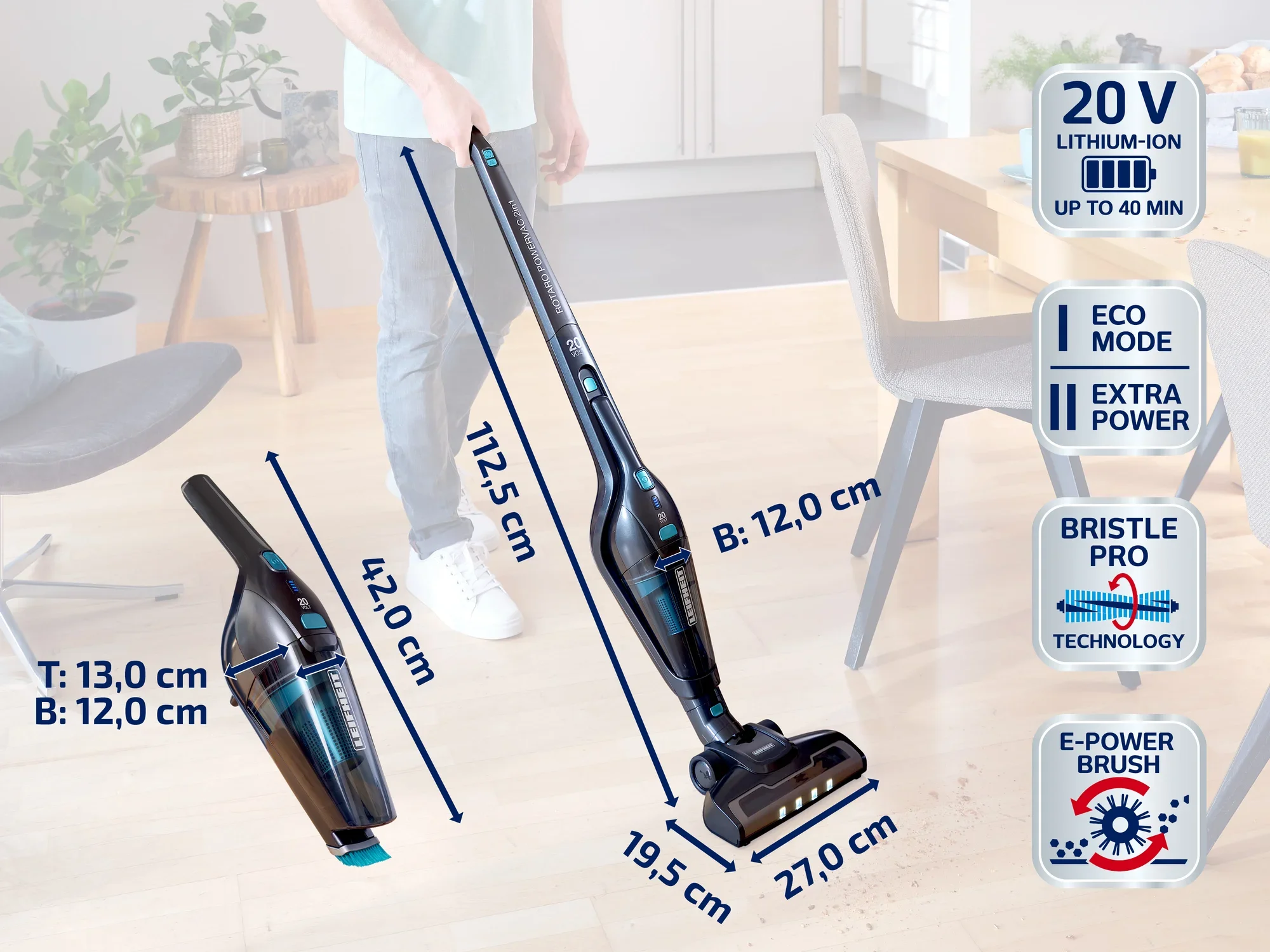 Aspirateur sans fil avec batterie lithium-ion 20 V, offre jusqu'à 40 minutes d'autonomie. Comprend un mode Eco, une puissance supplémentaire, la technologie Bristle Pro et une brosse E-Power.