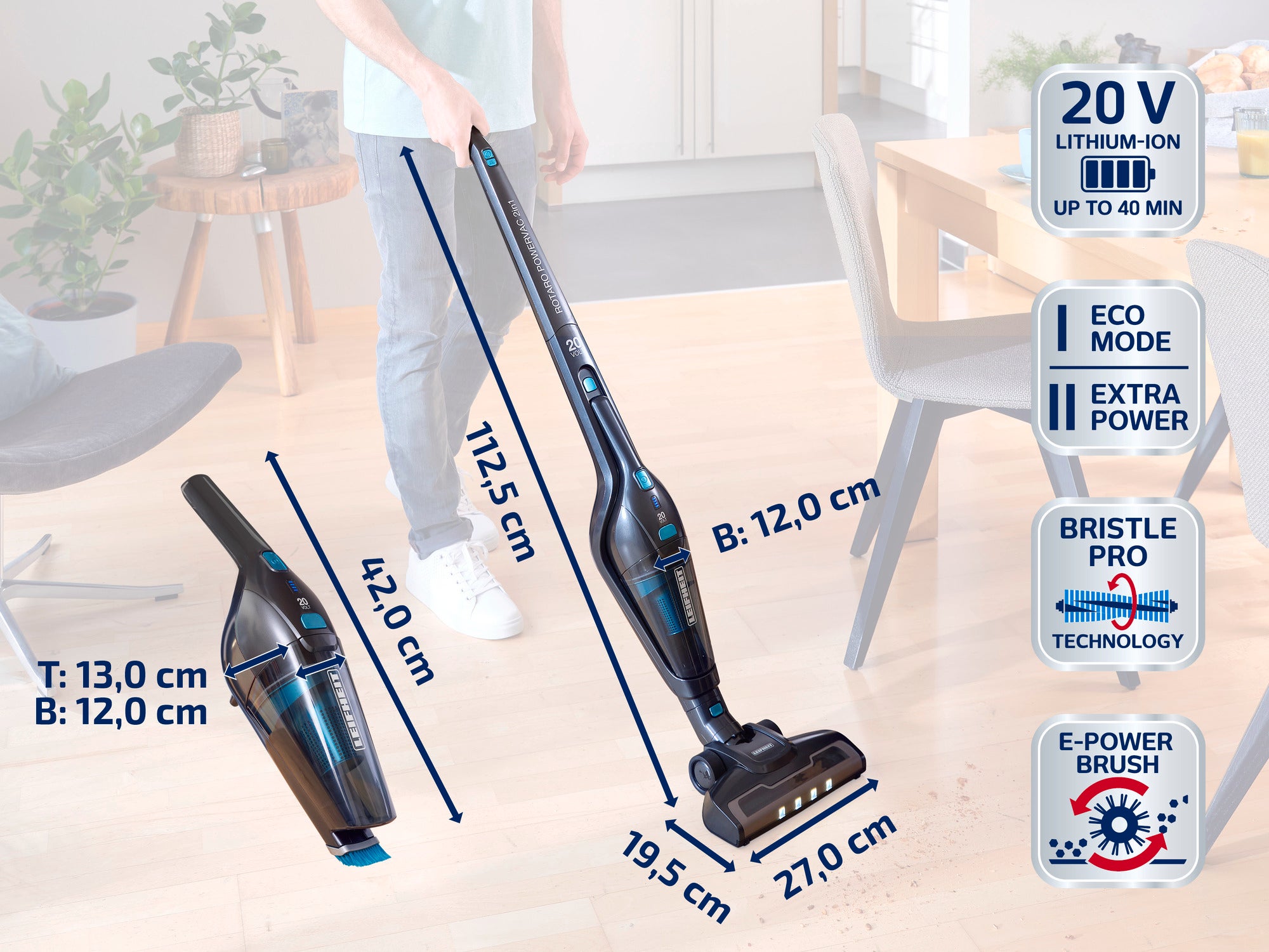 Odkurzacz bezprzewodowy z akumulatorem litowo-jonowym 20 V, zapewnia do 40 minut pracy. Zawiera tryb Eco, Extra Power, technologię Bristle Pro i szczotkę E-Power.