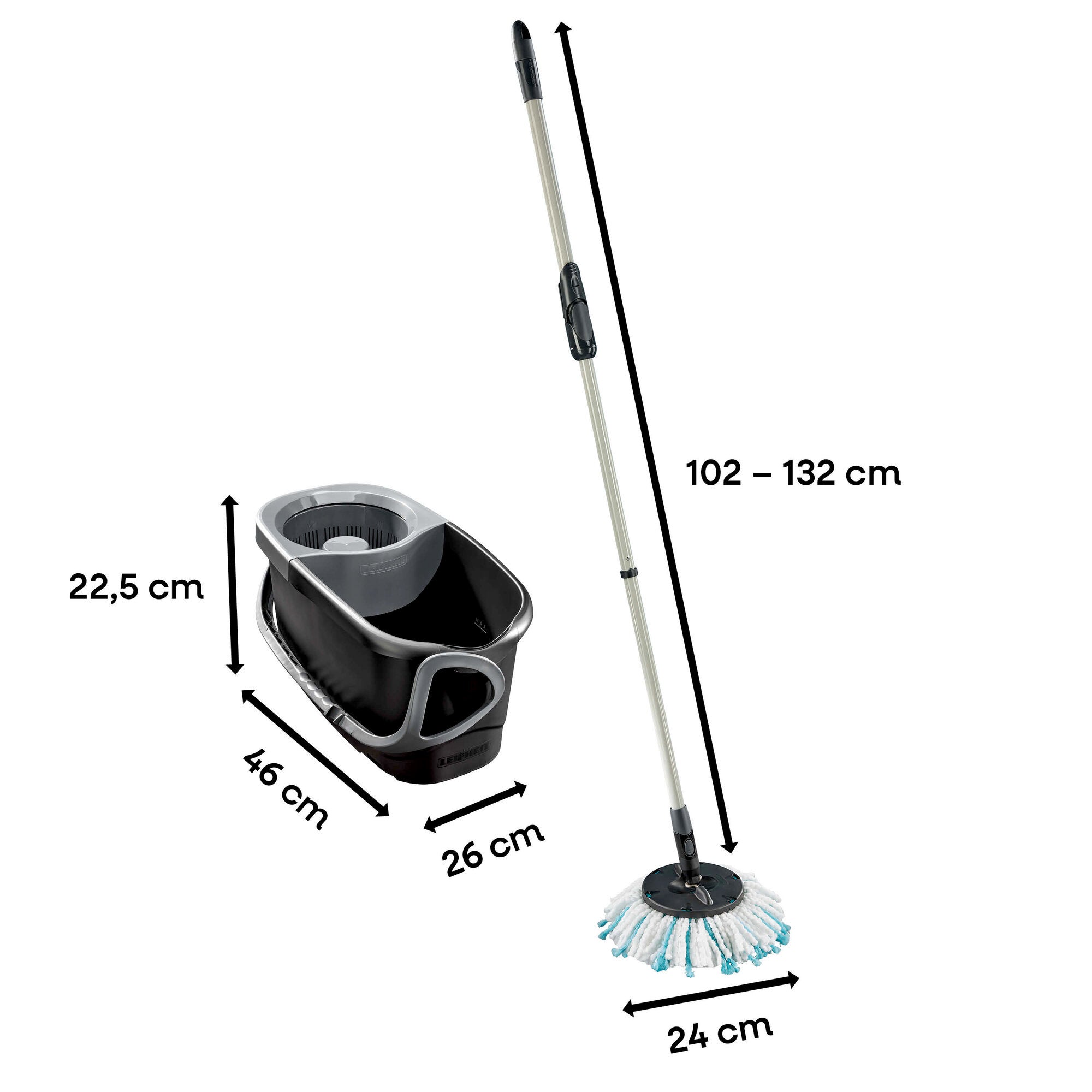 Leifheit Set CLEAN TWIST Disc Mop Black mit Eimer und Schleudersieb sowie verstellbarem Stiel von 102 bis 132 cm; Eimer 46 x 26 x 22,5 cm, runder Wischkopf mit 24 cm Durchmesser.