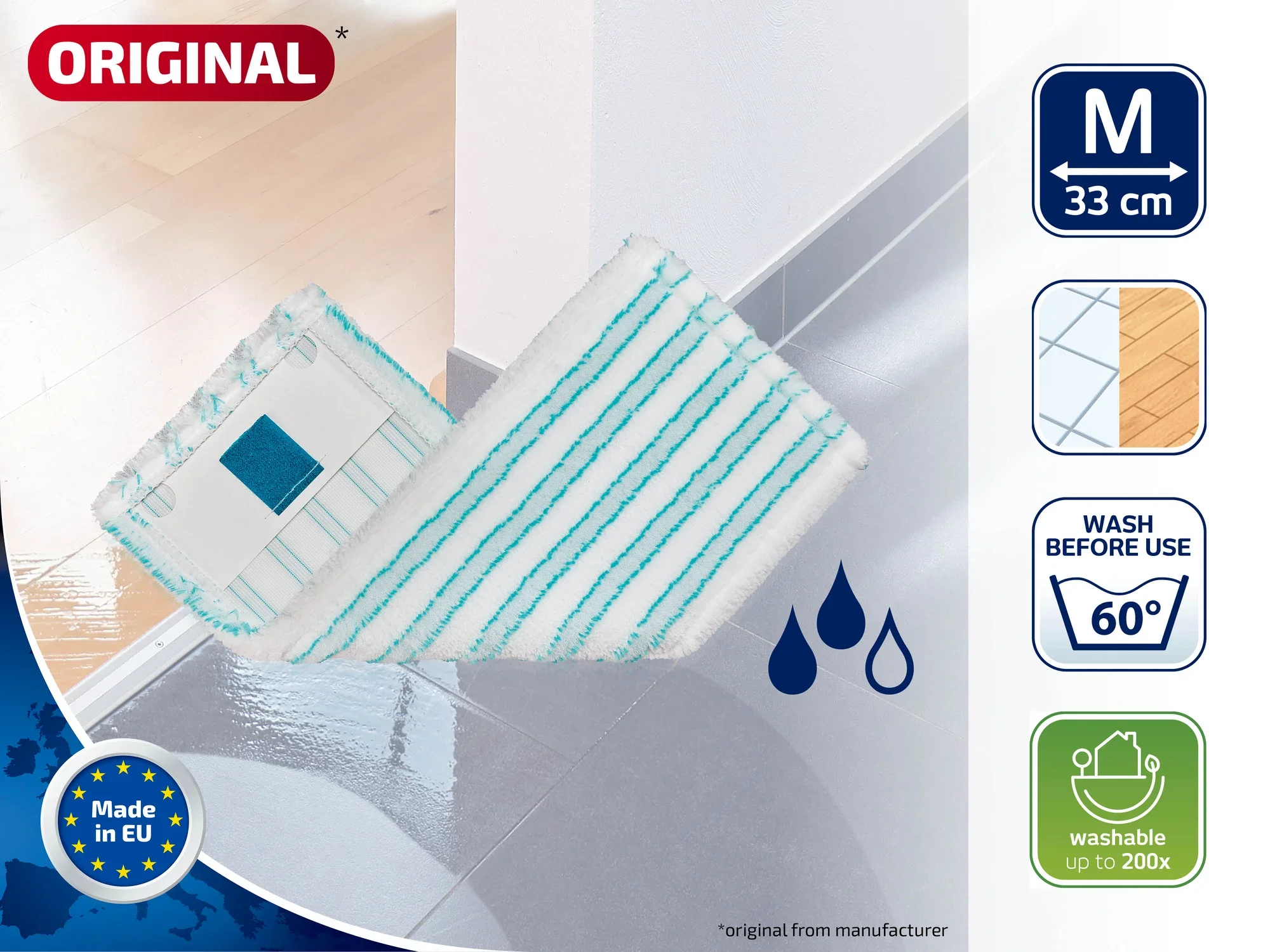 A white and turquoise striped mop lies on a wet floor. The product is washable at 60°C and suitable for surfaces up to 33 cm. Made in the EU.
