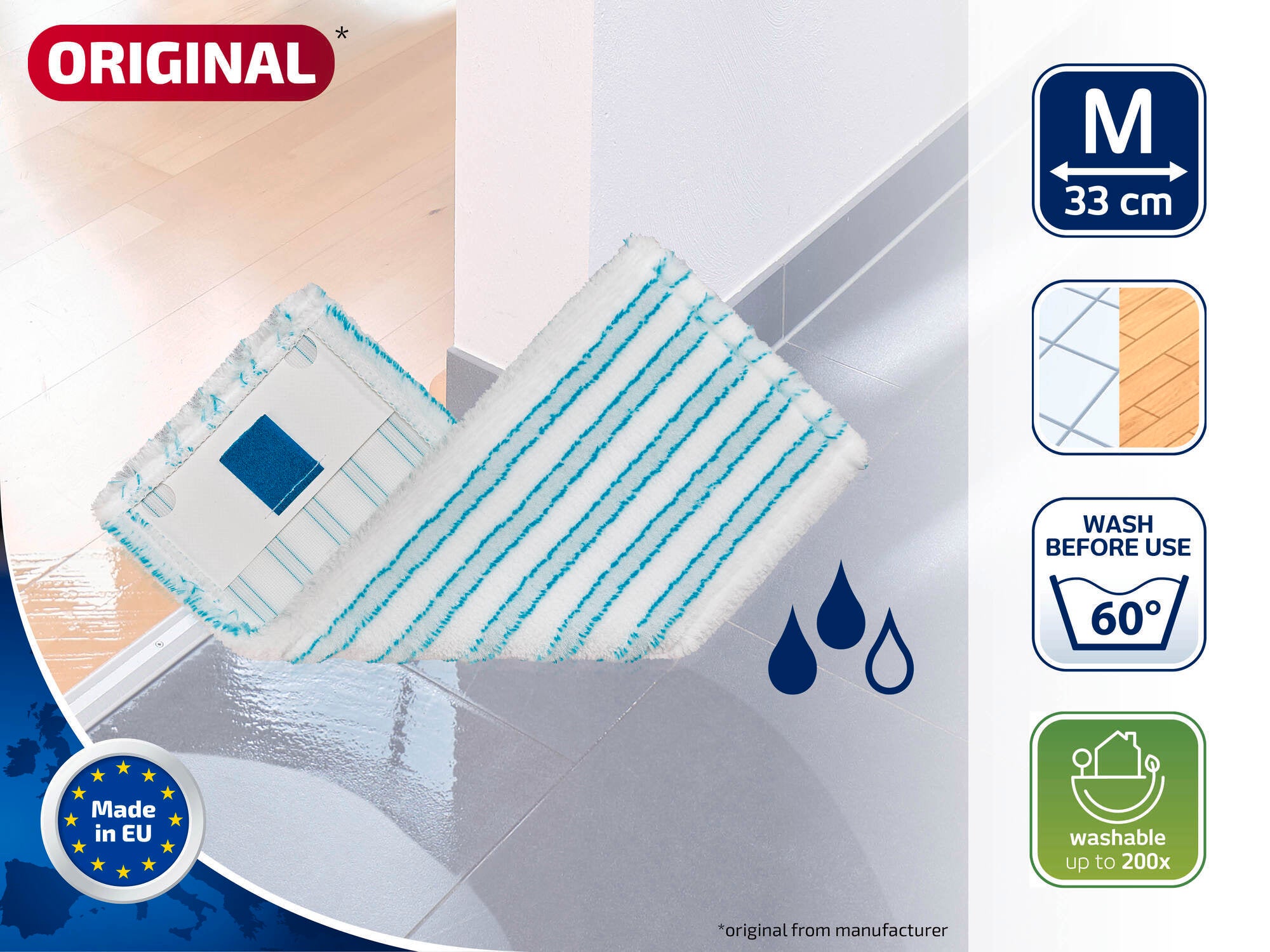Een wit met turquoise gestreepte mop ligt op een natte vloer. Het product is wasbaar tot 60°C en geschikt voor oppervlakken tot 33 cm. Gemaakt in de EU.