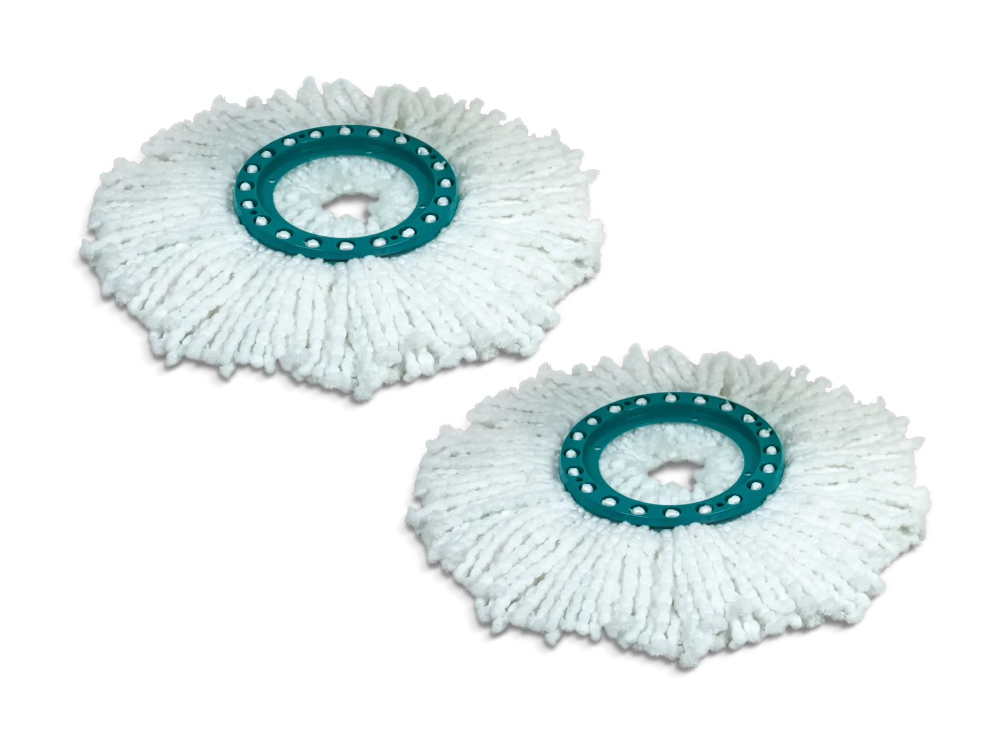 Zwei Ersatzköpfe für den CLEAN TWIST Disc Mop, ideal für eine gründliche Reinigung. Die weißen Fasern sind langlebig und effizient, perfekt für den Einsatz auf verschiedenen Bodenarten.
