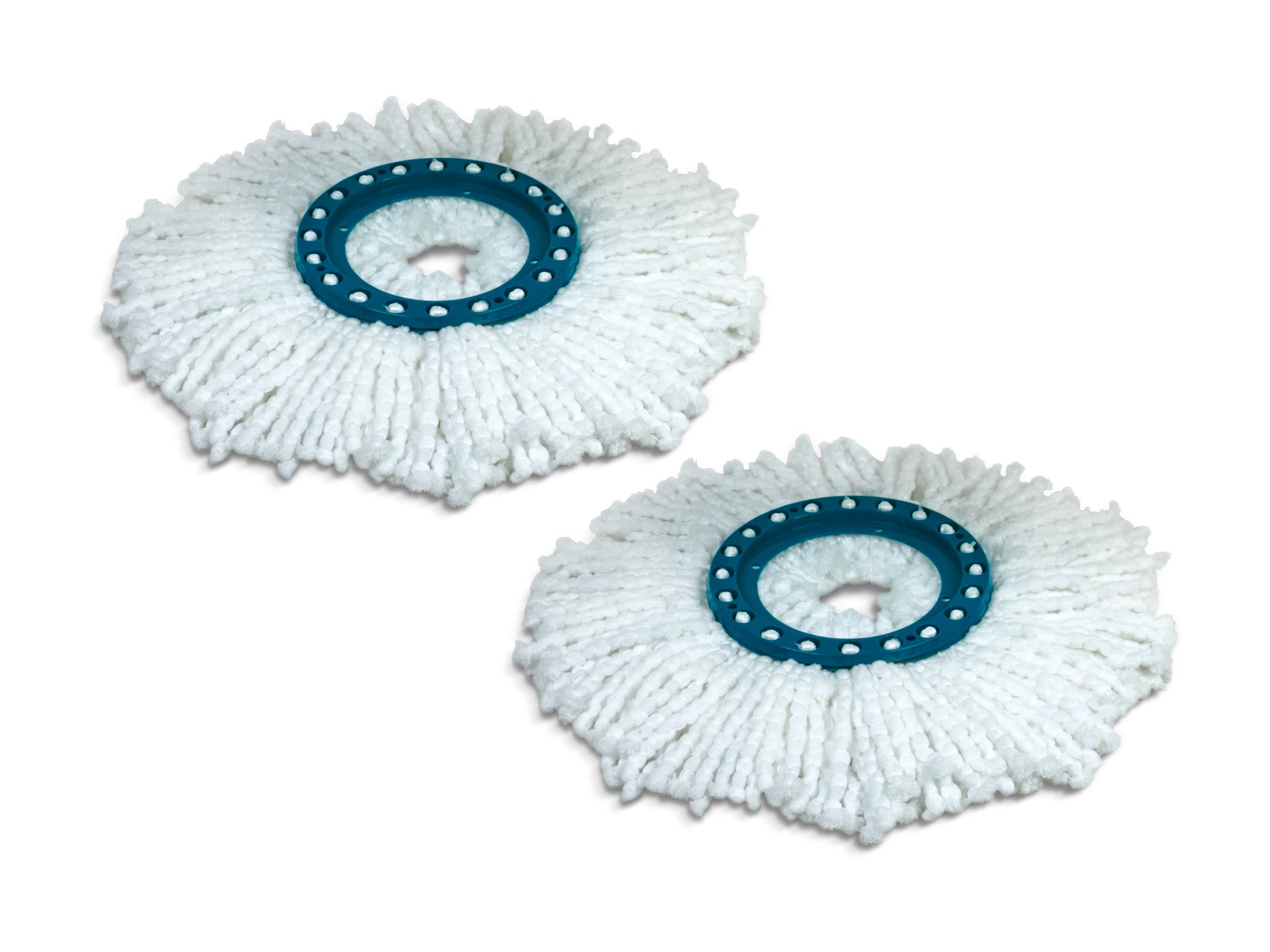 Twee vervangende mopkoppen voor de CLEAN TWIST Disc Mop, ideaal voor grondig schoonmaken. De witte vezels zijn duurzaam en efficiënt, perfect voor gebruik op verschillende vloertypes.