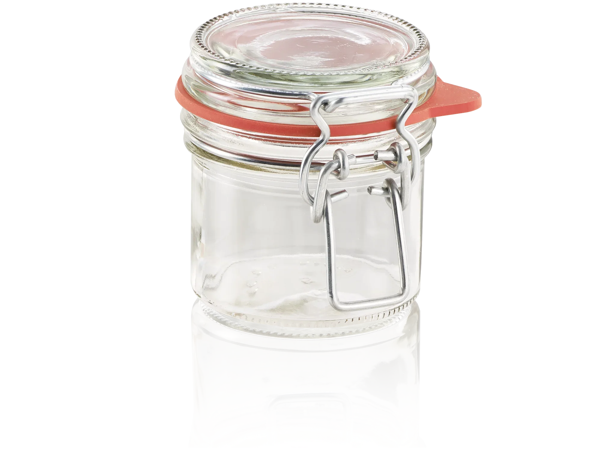 Un bocal en fil de fer transparent d'une contenance de 135 ml. Il est muni d'un joint en caoutchouc rouge et d'une fermeture métallique solide, idéal pour conserver les aliments.