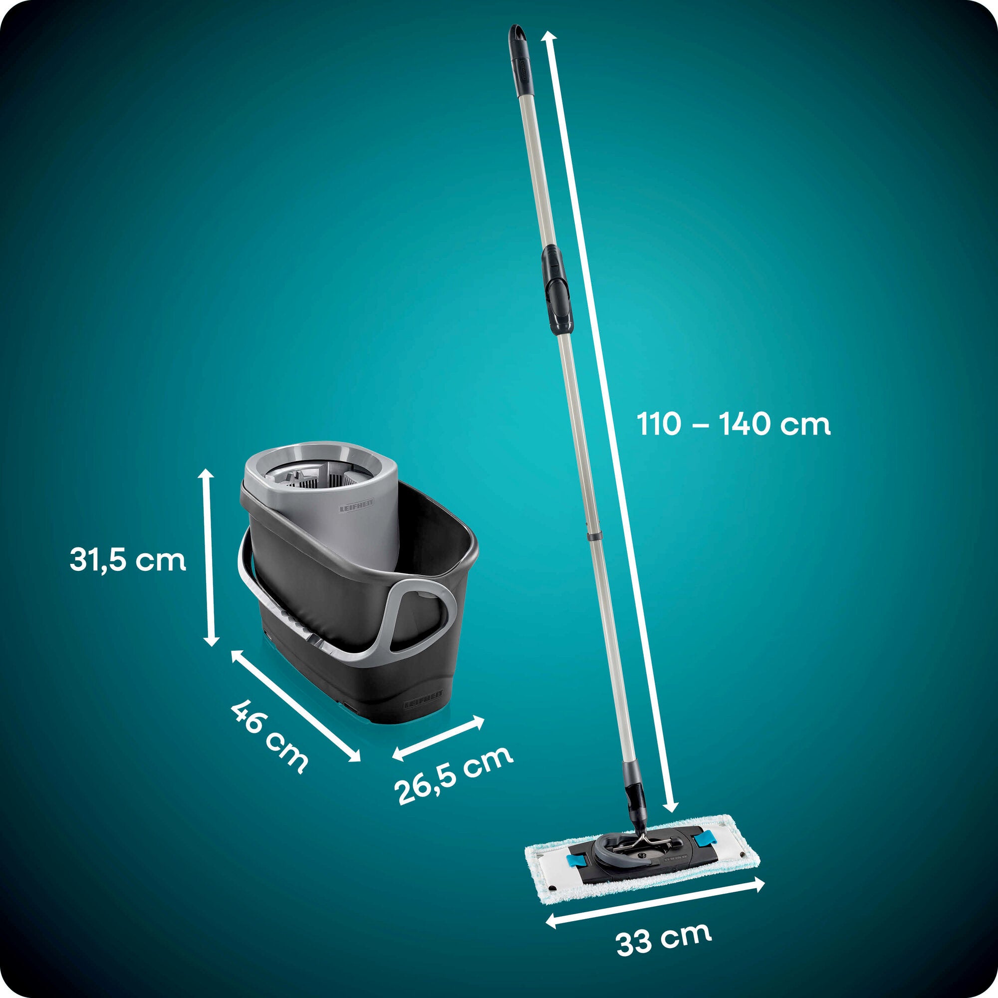 Leifheit Set CLEAN TWIST M Black mit Eimer und Flachwischer in Schwarz und Grau. Der Stiel ist von 110 bis 140 cm verstellbar, der Wischbezug 33 cm breit, der Eimer kompakt geformt.