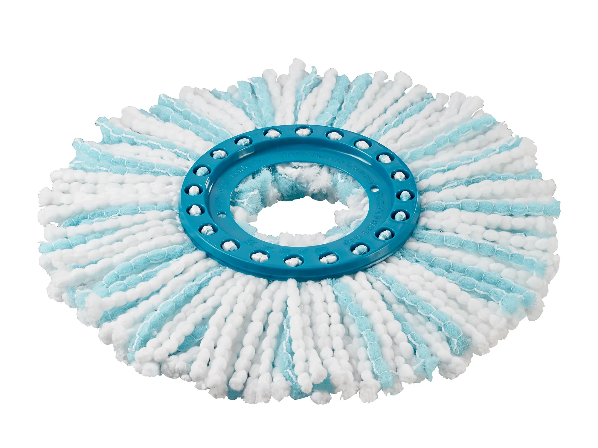 Replacement head for CLEAN TWIST Disc Mop microduo in white and blue. The round mop head is made of absorbent microfibres, ideal for thorough cleaning of floors.