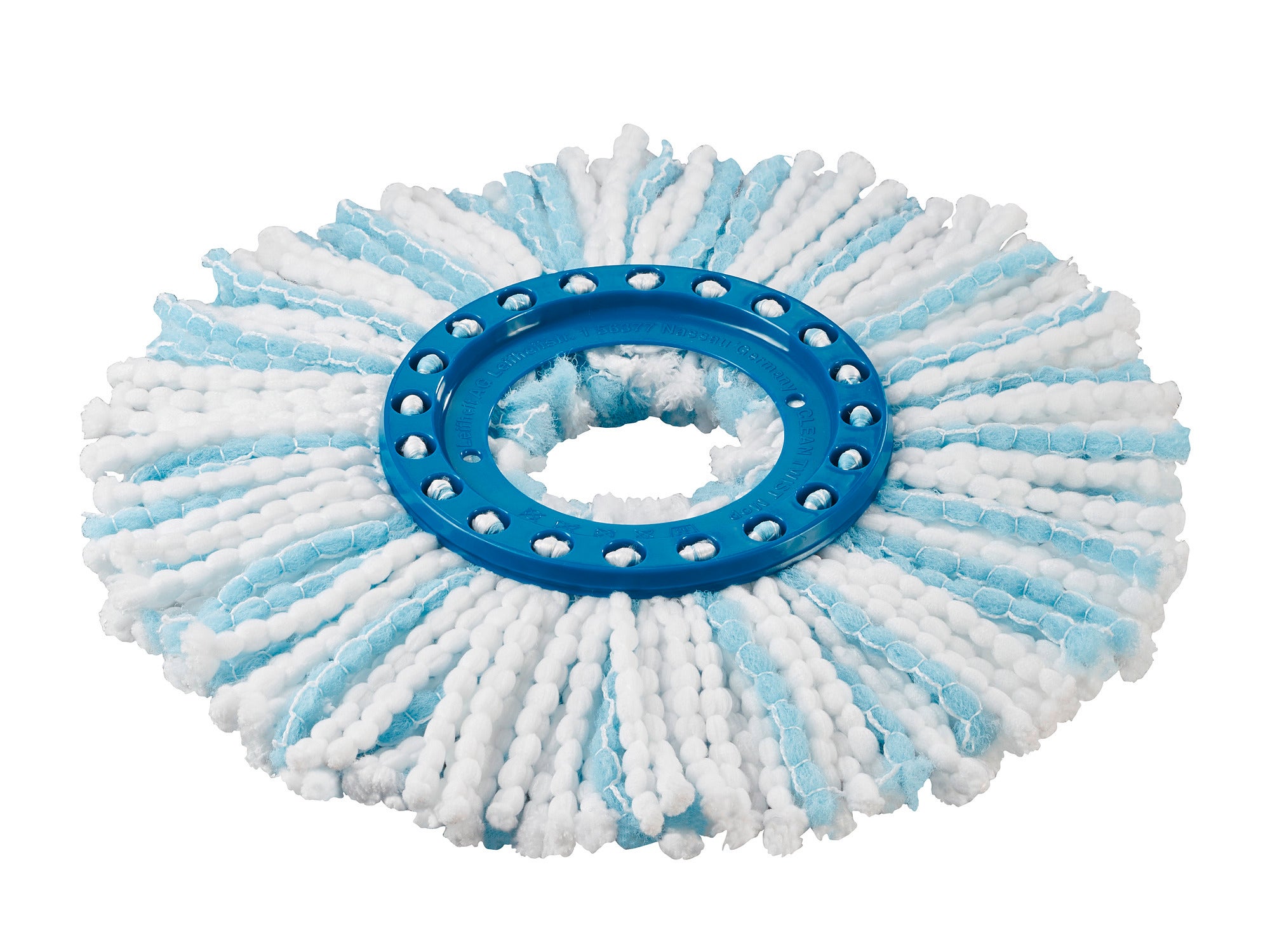 Testina di ricambio per CLEAN TWIST Disc Mop microduo in bianco e blu. La testina rotonda è realizzata in microfibra assorbente, ideale per una pulizia accurata dei pavimenti.