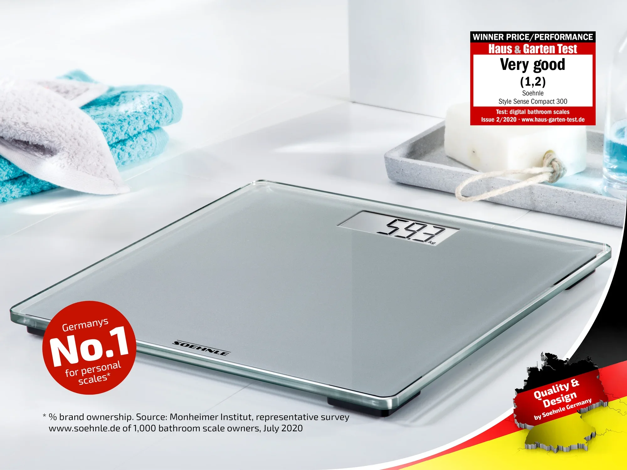 Cyfrowa waga łazienkowa Soehnle ze szklaną powierzchnią i czytelnym wyświetlaczem. Wyróżniona oceną "Bardzo dobra" w teście Haus & Garten. Popularna w Niemczech.