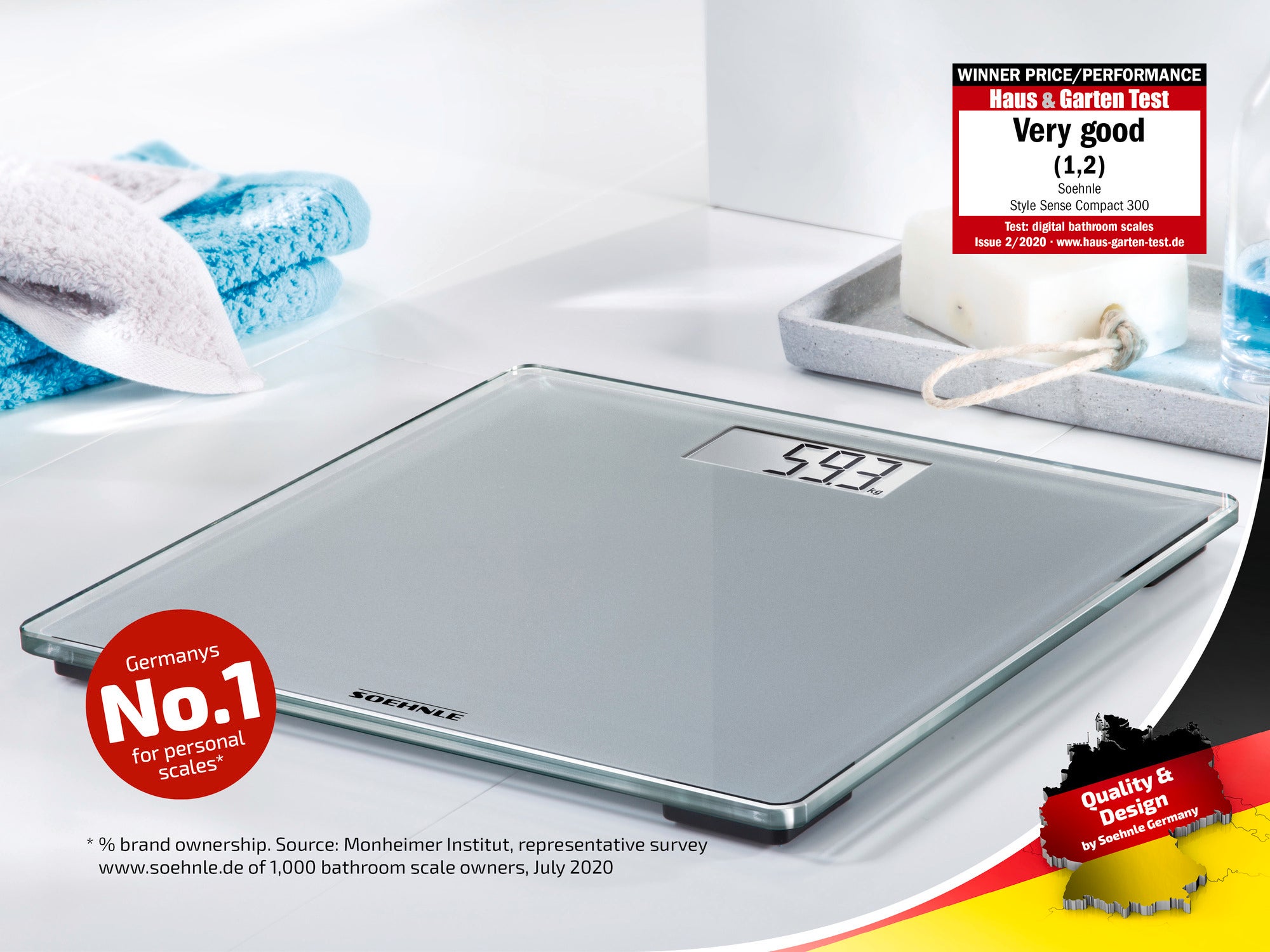 A digital bathroom scale from Soehnle with a glass surface and easy-to-read display. Awarded "Very Good" by Haus & Garten Test. Popular in Germany.