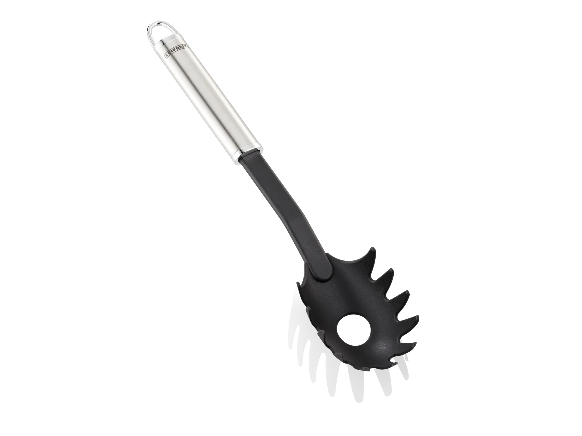 Nylon spaghettilepel met ergonomische handgreep en gekartelde rand, ideaal voor het opscheppen van spaghetti. De lepel is robuust en hittebestendig, perfect voor dagelijks gebruik in de keuken.