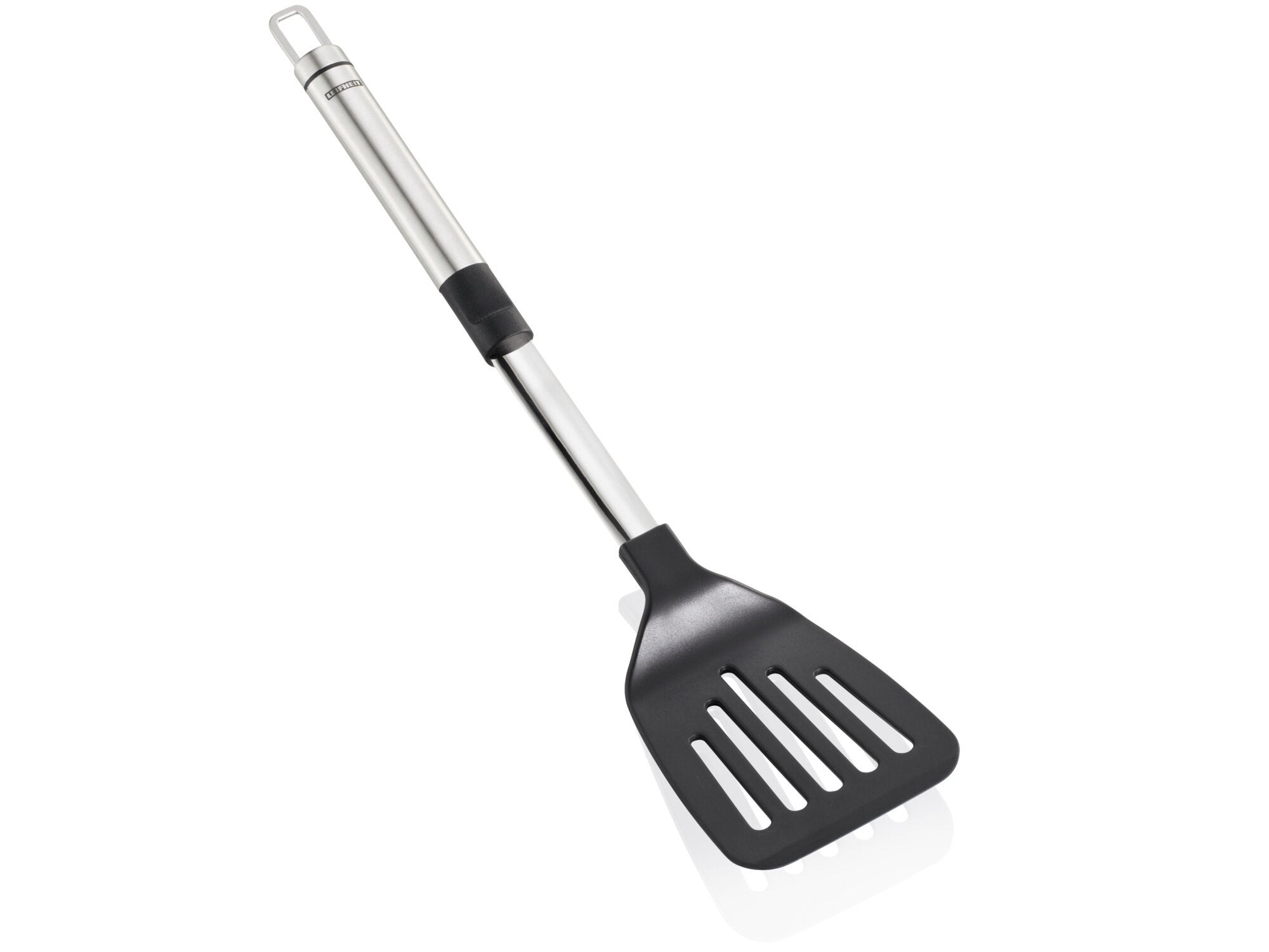 Spatola in nylon e acciaio inossidabile con impugnatura ergonomica. Ideale per girare i cibi in padelle antiaderenti, poiché il materiale è resistente ai graffi.