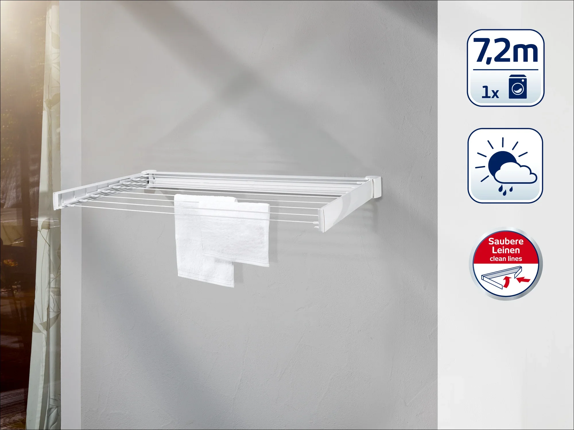 Een wanddroger is gemonteerd op een grijze muur. Hij heeft verschillende lijnen voor het drogen van kleding. Aan de rechterkant staan symbolen voor 7,2 m lange, weerbestendige en schone lijnen.