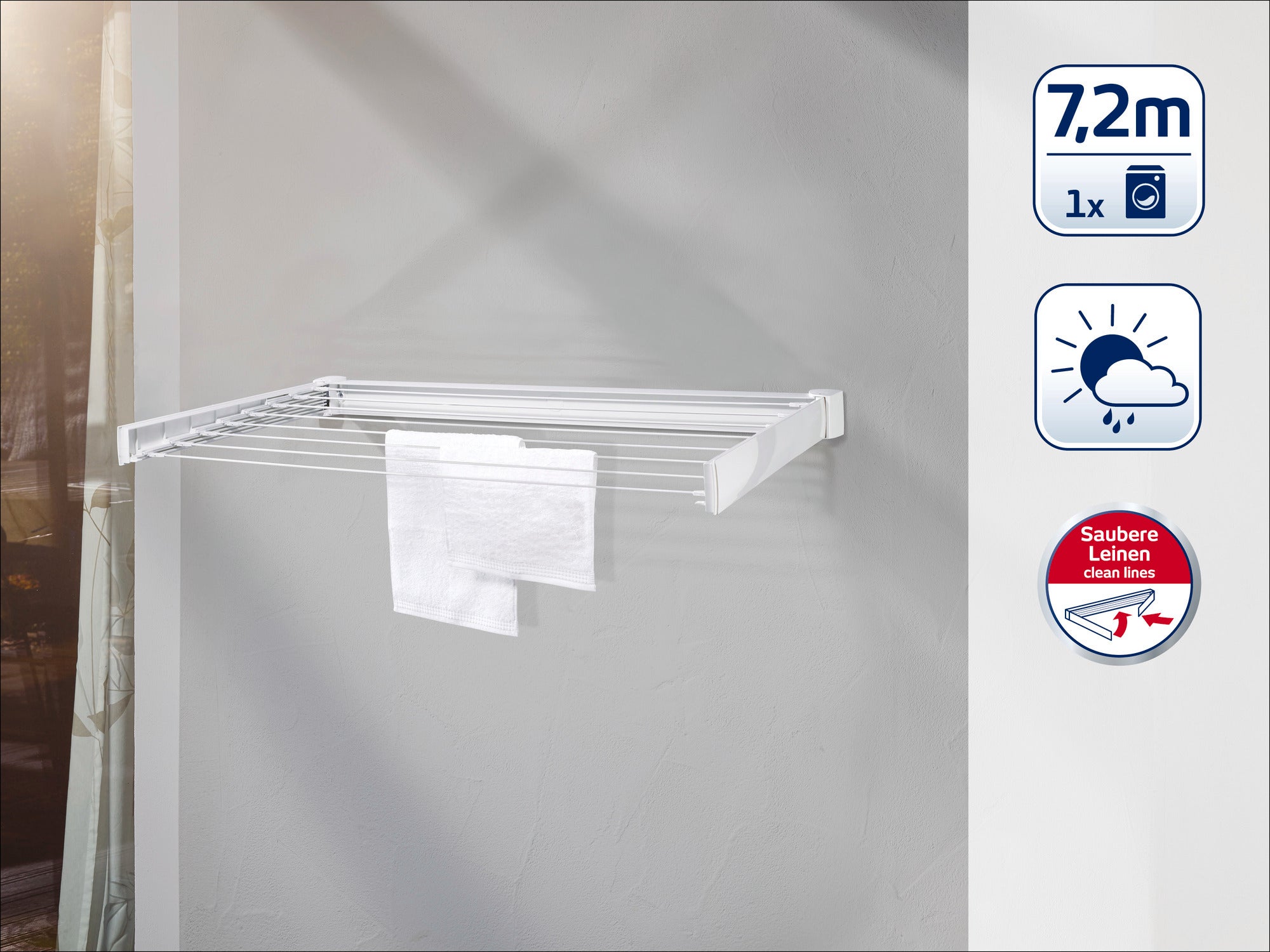 A wall-mounted dryer is mounted on a grey wall. It has several lines for drying clothes. On the right-hand side are symbols for 7.2 m length, weatherproof and clean lines.