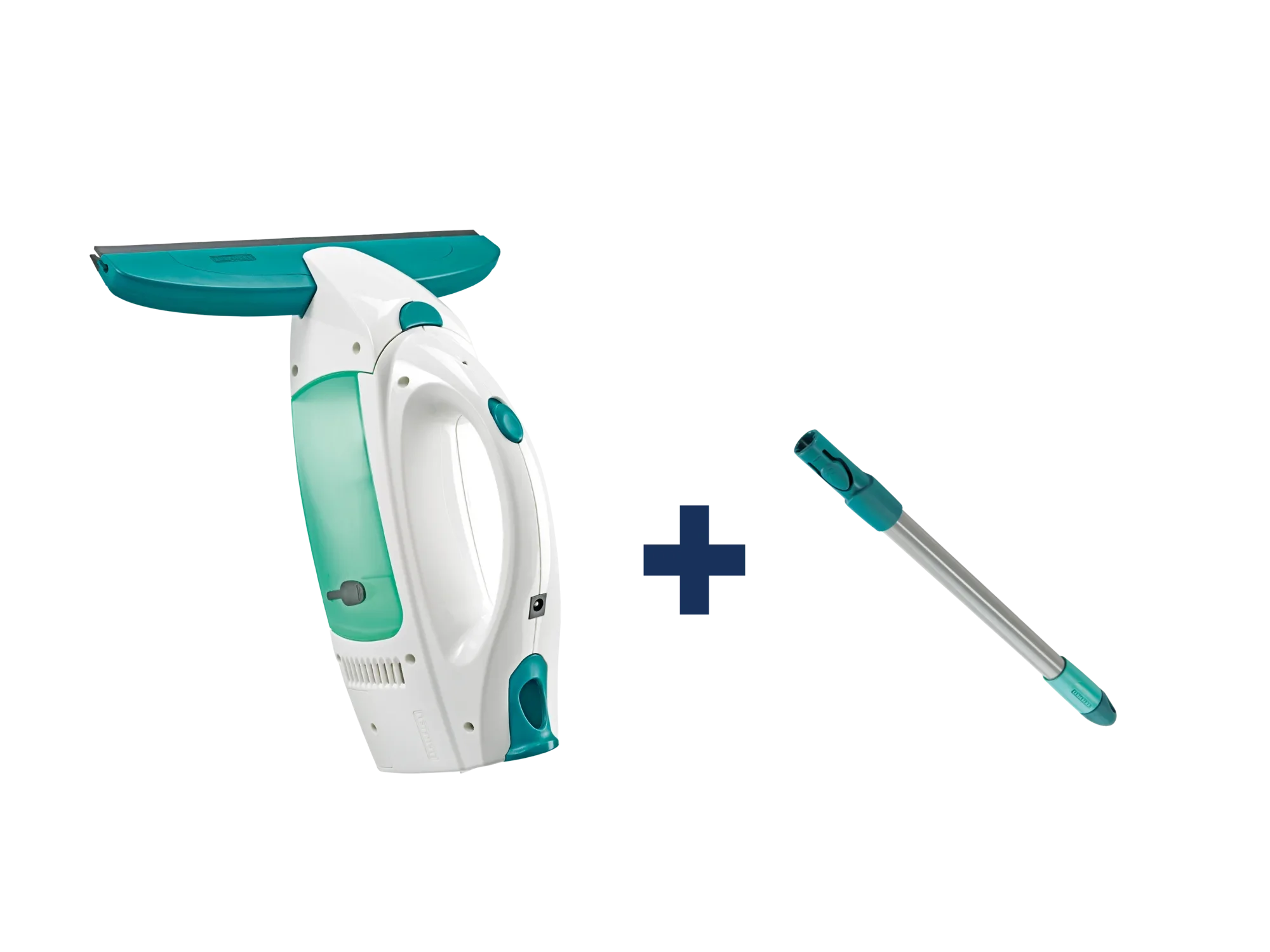 Dry & Clean raamstofzuiger met steel: Een witte en turquoise raamstofzuiger met een ergonomische steel en bijpassende verlengsteel. Ideaal voor streeploos ramen zemen.