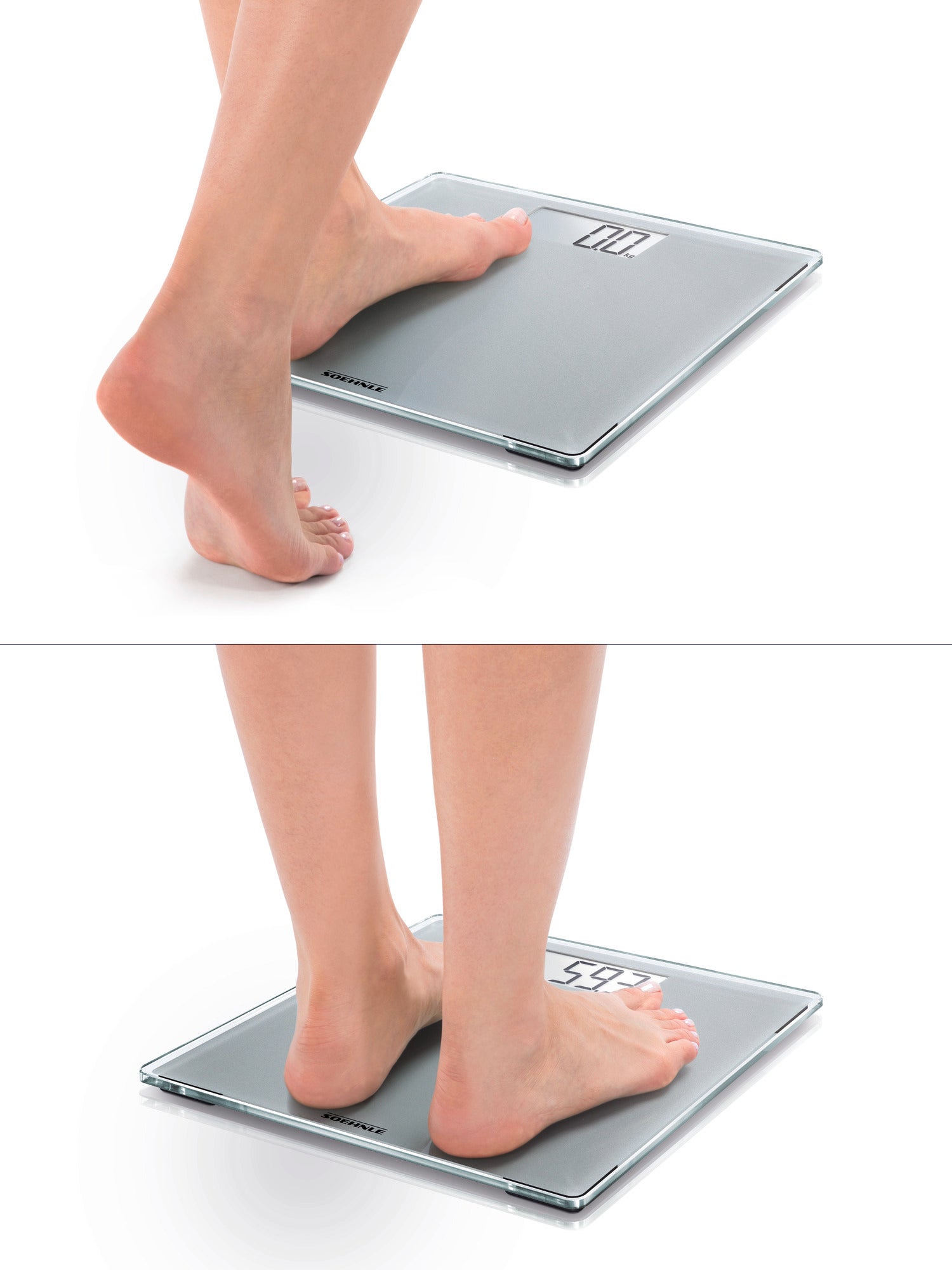 A person is standing barefoot on a Style Sense Compact 300 digital bathroom scale. The scale has a slim, modern design and shows the weight on a clear display.