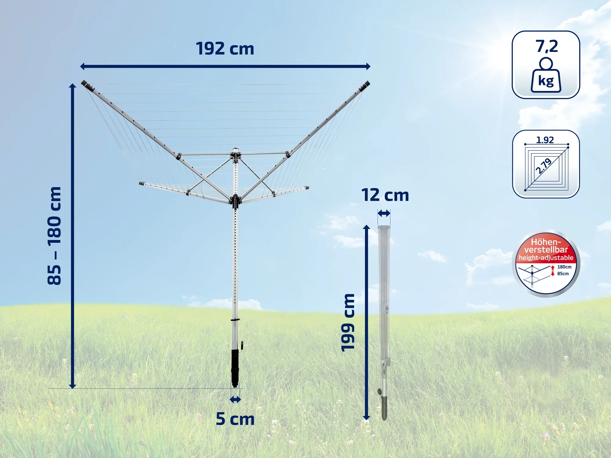 Roterende wasdroger met verstelbare hoogte van 85 tot 180 cm en een spanwijdte van 192 cm. Stabiele voet met een diameter van 5 cm. Totaalgewicht 7,2 kg. Ideaal voor grote hoeveelheden wasgoed.