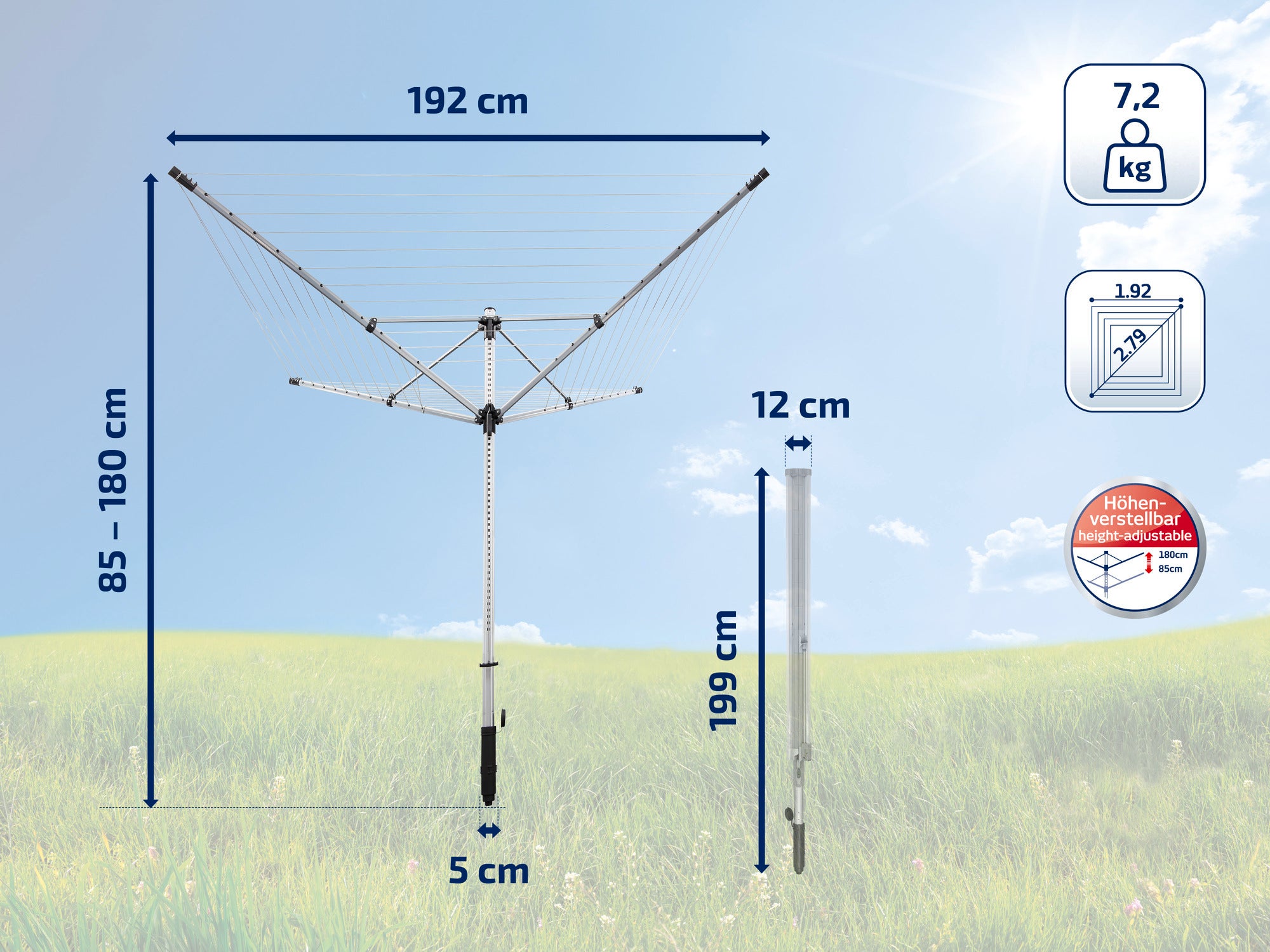 Wäschespinne mit verstellbarer Höhe von 85 bis 180 cm und einer Spannweite von 192 cm. Stabiler Standfuß mit 5 cm Durchmesser. Gesamtgewicht 7,2 kg. Ideal für große Wäschemengen.