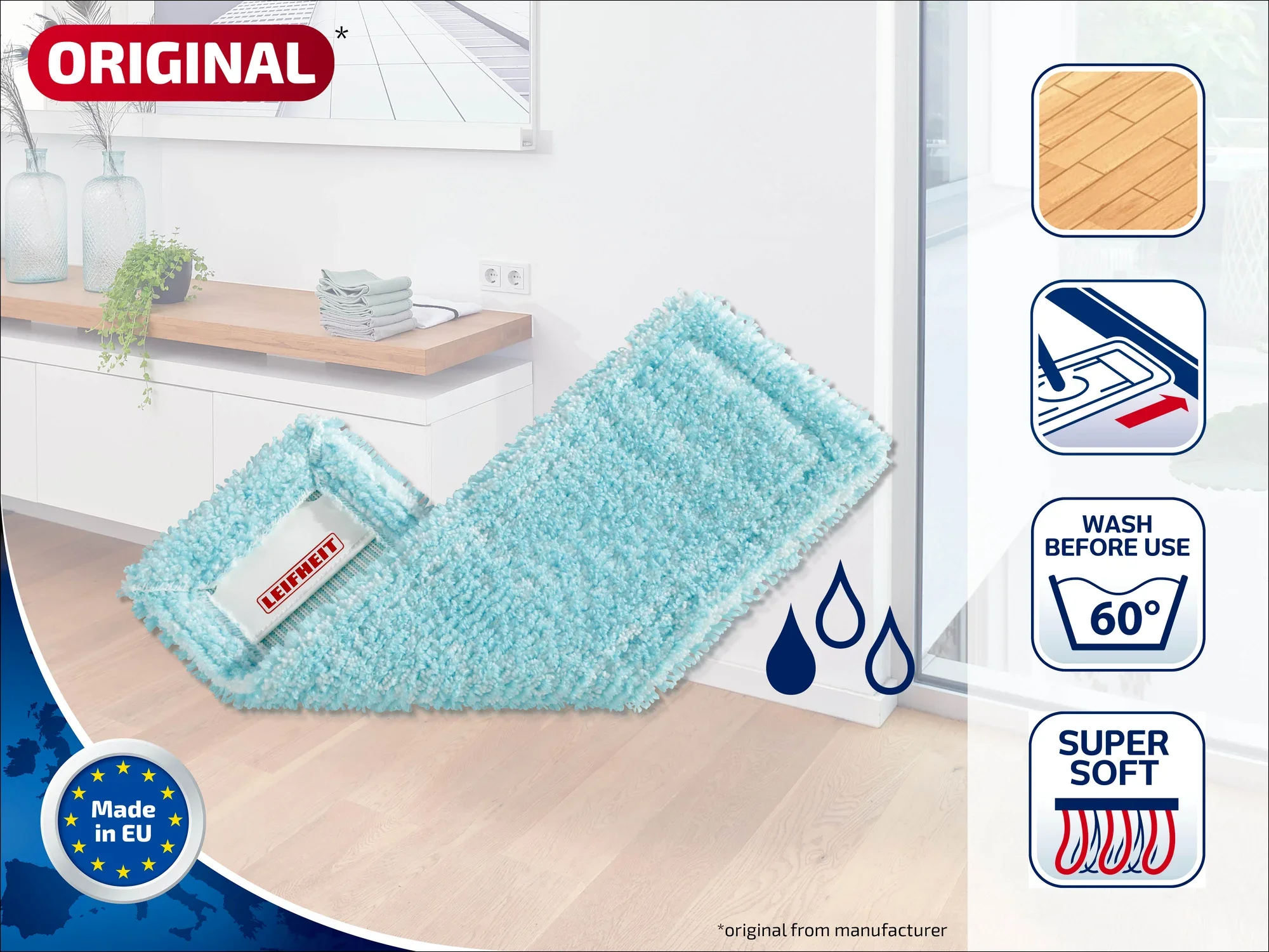 Morbido panno blu di Leifheit su un pavimento in legno. Il panno è lavabile a 60 gradi ed è particolarmente delicato. Prodotto nell'UE, ideale per superfici delicate.